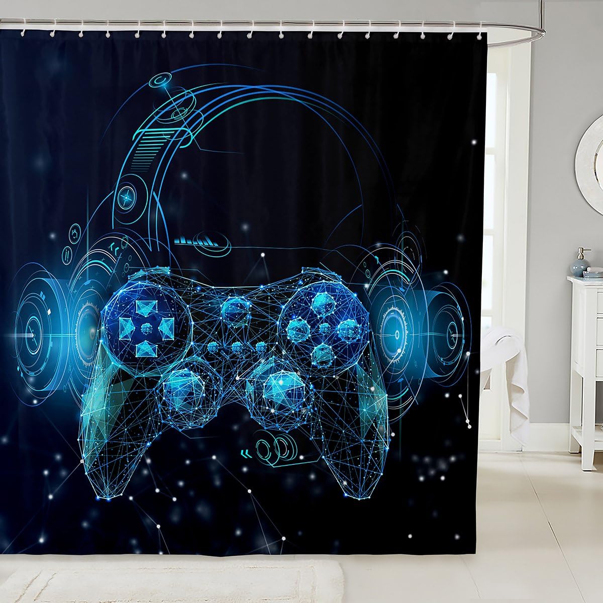 Erosebridal Kids Gaming Shower Curtain Modern Video Games Bath Curtain for Teens Boys Girls Gamepad Bathtub Shower Curtain Line Abstract Bathroom Sets,Black Blue 72" W x 72" L