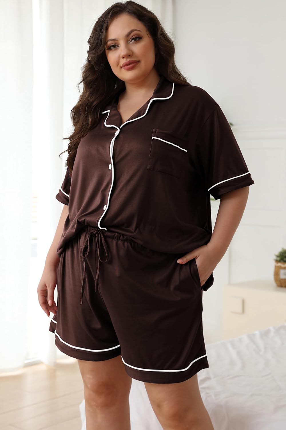 Women Plus Size Pajamas Button Down Short Sleeve Top & Shorts Lounge Sets Outfit Summer Soft Pj Bride Sleepwear - Image 3