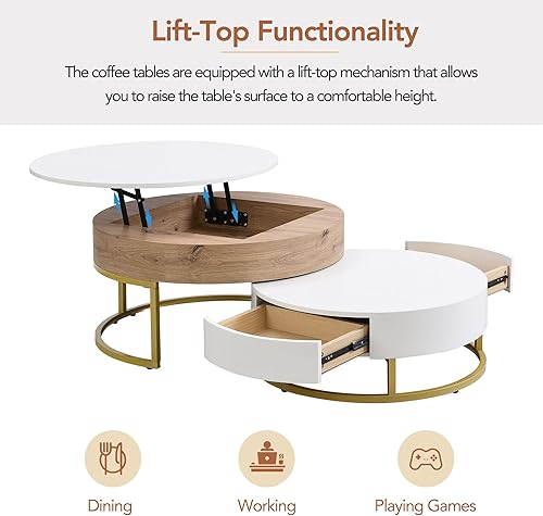 Miniatura 51 de LUMISOL Mesa de centro de mármol con almacenamiento, mesa de cóctel de madera moderna de 31.5 pulgadas con 2 cajones grandes, mesa central redonda