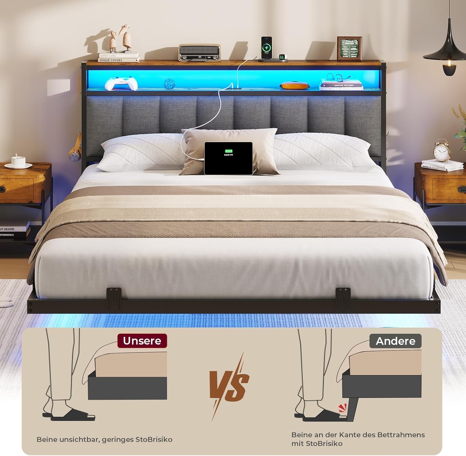 AOGLLATI Letto Matrimoniale, Letto 160x200 cm con Illuminazione a LED e Stazione di Ricarica, Struttura Letto con Testiera Imbottita, Effetto Visivo Levitante, Stile Minimalista, Grigio Scuro
