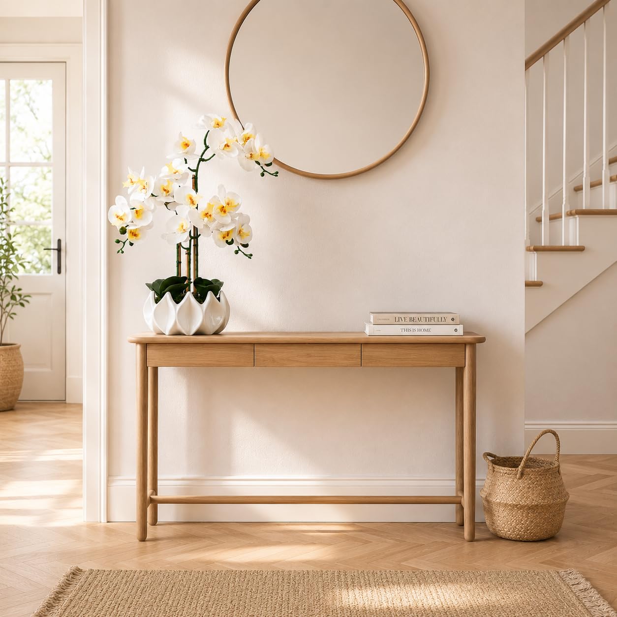 Künstliche Orchideen wie echt 70 cm – Handgefertigte Phalaenopsis Kunstorchidee im weißen Keramik-Topf mit echtem Bambus, pflegefrei ohne Gießen – Deko (Weiß)