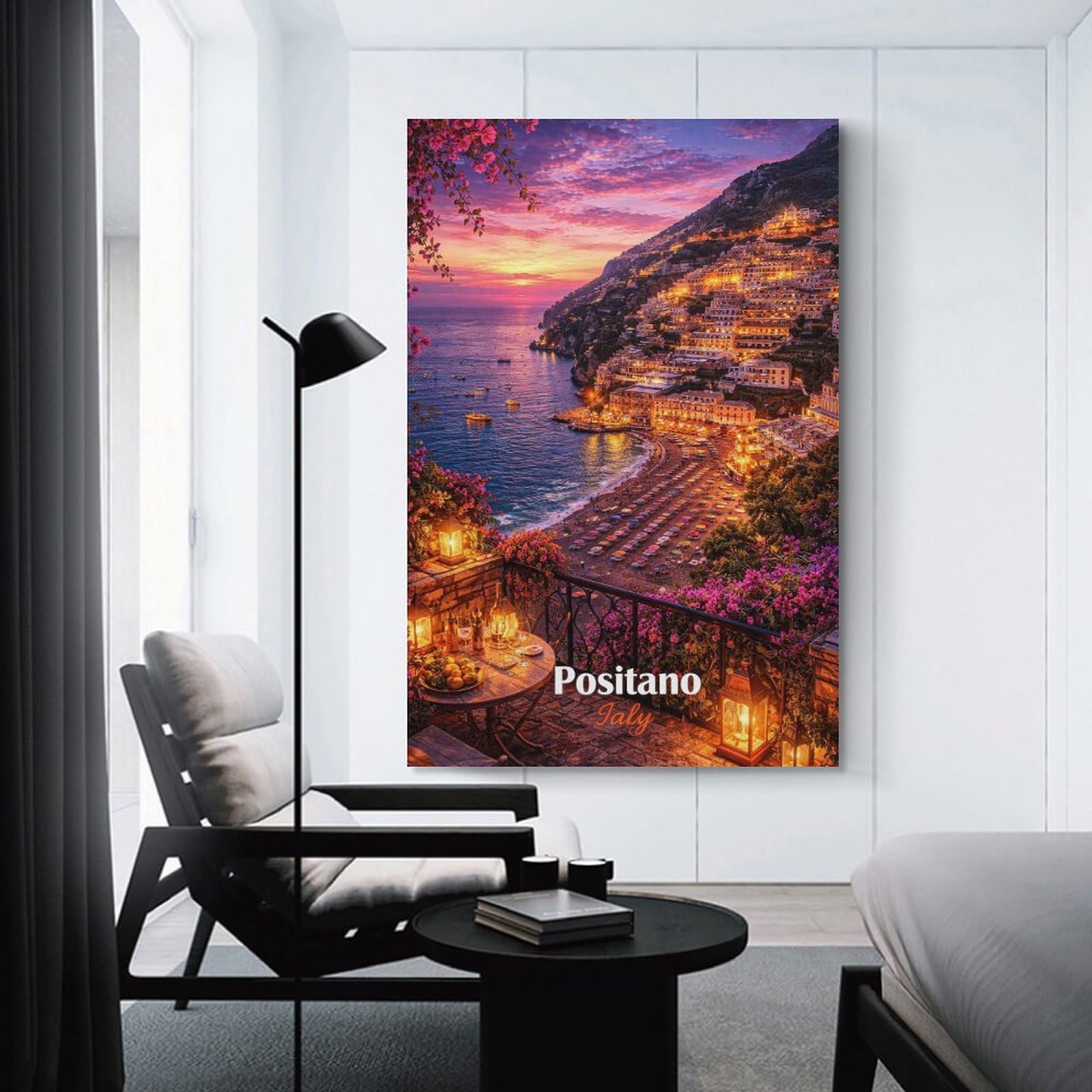 Junmoney Positano Italy Sunset Balcony View Hanging Wall Art, 20x30inch(50x75cm), for Bedroom Walls, Guest Spaces Or Lounges, An Easy Wall Refresh for Bedrooms
