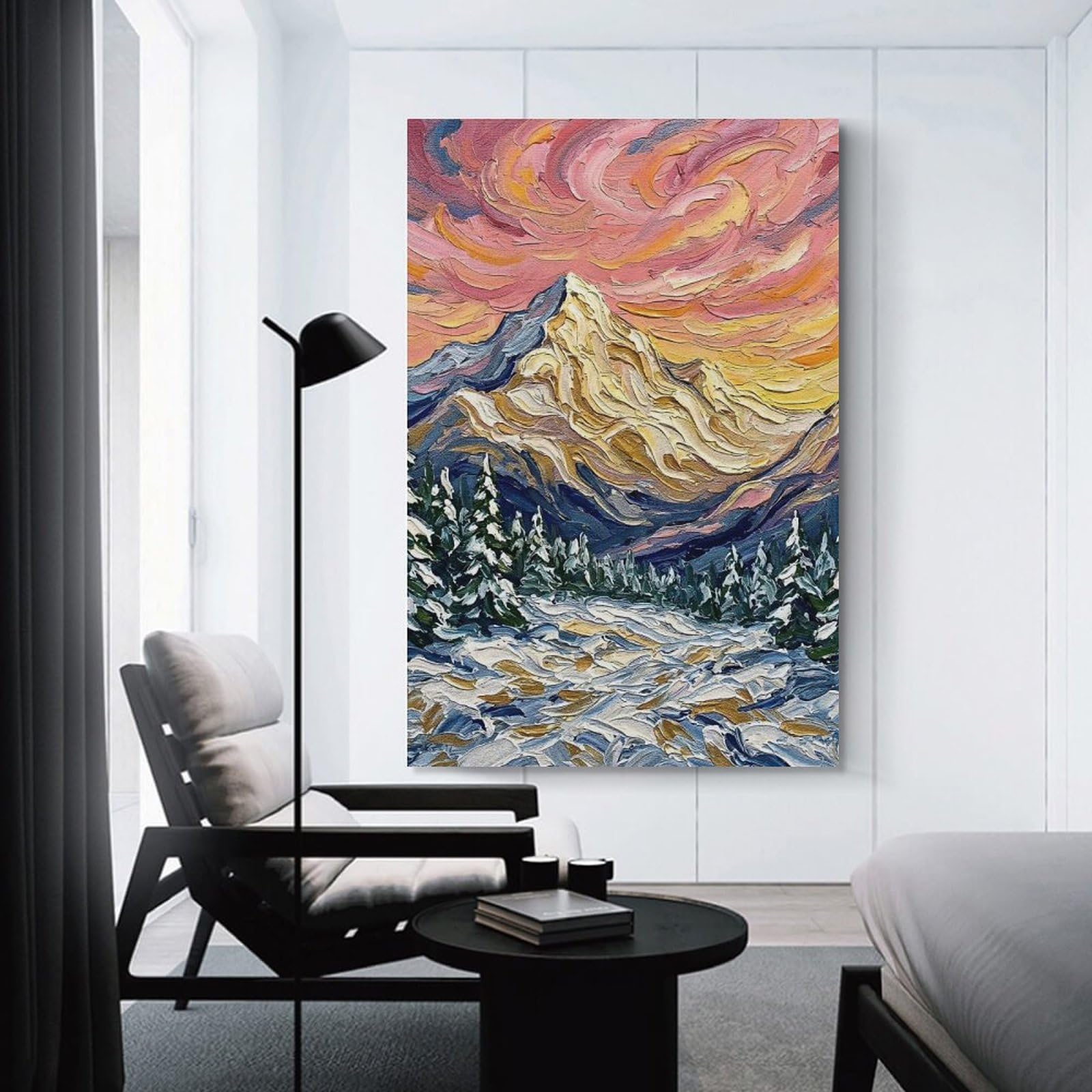 Junmoney Impasto Winter Mountain Landscape Painting Wall Art Print, 20x30inch(50x75cm), for Front Hall, Corridor Or Welcome Spaces, Wall Decor to Refresh Empty Corners