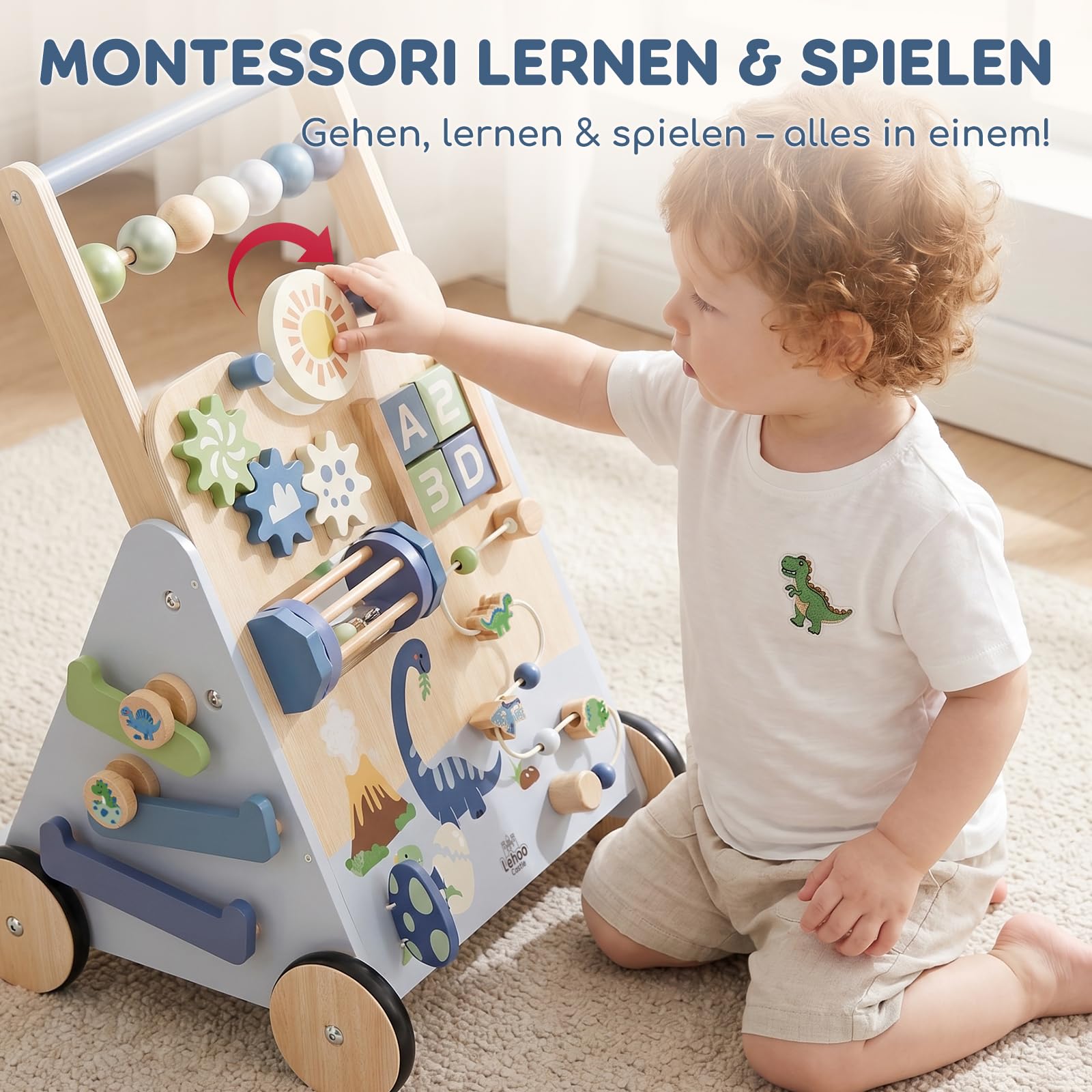 Lehoo Castle Lauflernwagen Holz mit Bremse, Dinosaurier Laufwagen ab 1 Jahr | Einstellbare Bremse, 9-in-1 Activity Center, Einfache Montage, Montessori inspiriertes Spielzeug, Geschenk 1 Jahr Jungen