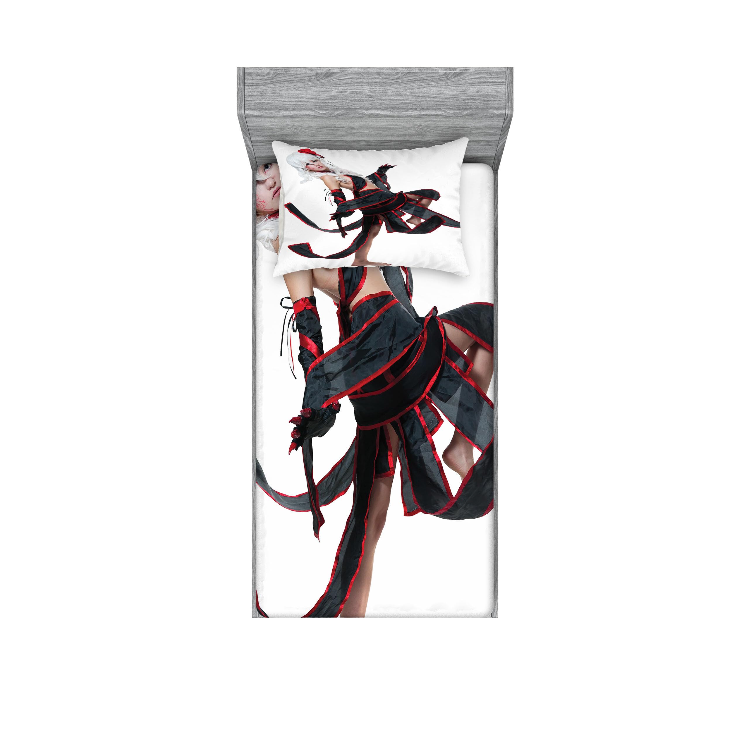Ambesonne Anime Fitted Sheet & Pillow Sham Set, Posing Warrior Girl in Manga Style Japanese Culture Themed Illustration Art, Decorative Printed 2 Piece Bedding Decor Set, Twin, Red White