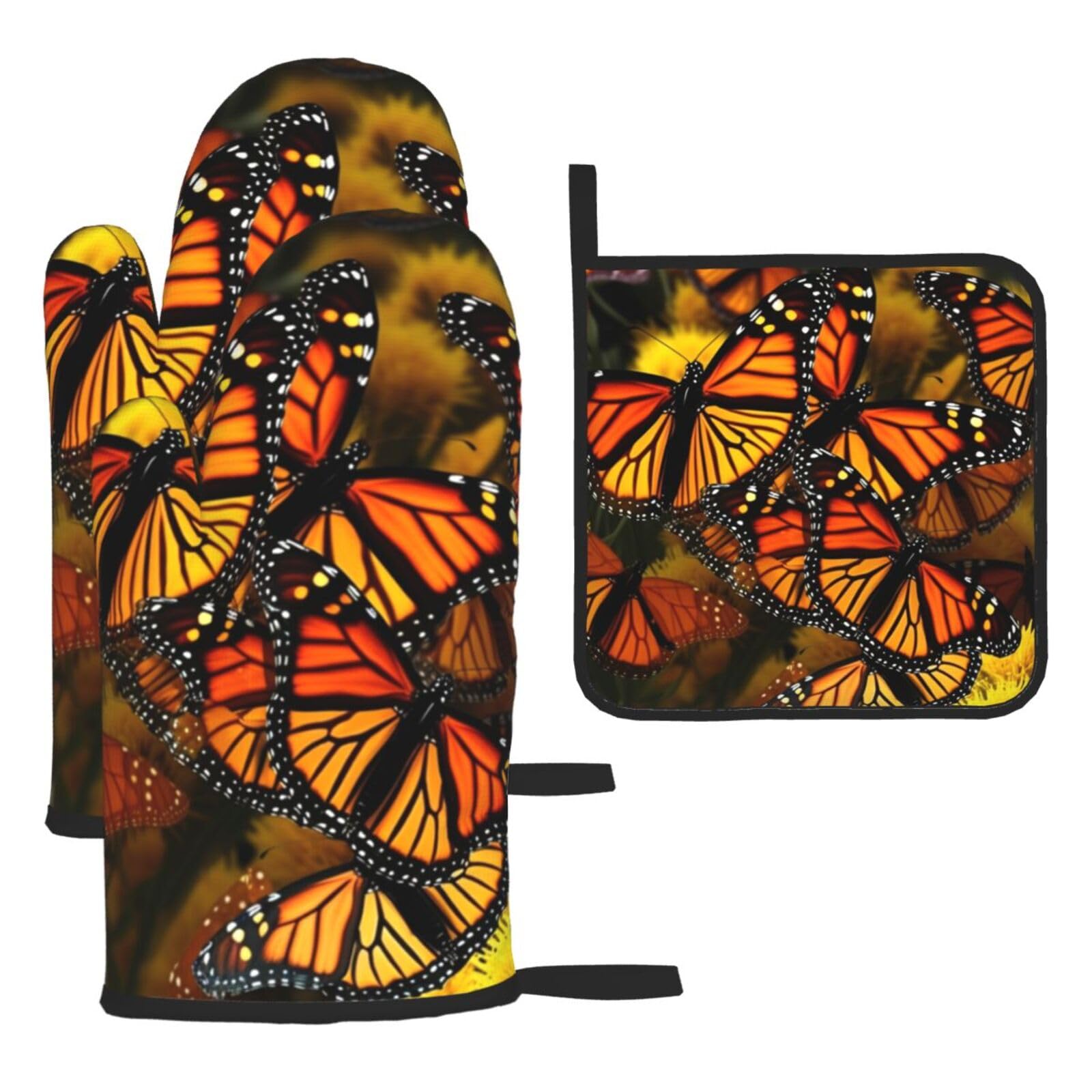 3 Piece Oven Mitts and Pot Holders Set Heat Resistant Oven Gloves and Potholders BBQ Gloves Hot Pads Monarch Butterflies Cooking Gloves for Kitchen Baking Grilling
