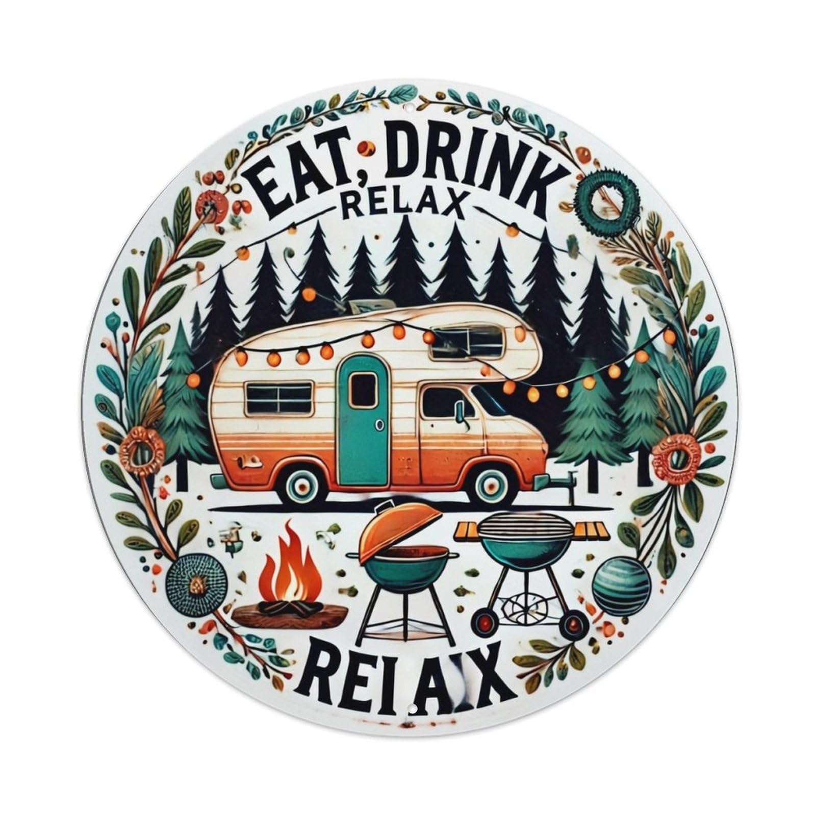 Jdyaojiesheng Vintage Campfire Van Trees Grill Fire Round Tin Sign Retro Metal Wall Decor Metal Poster, Home Bar Garage Farmhouse Cafe Wall Art Decoration 8X8inch