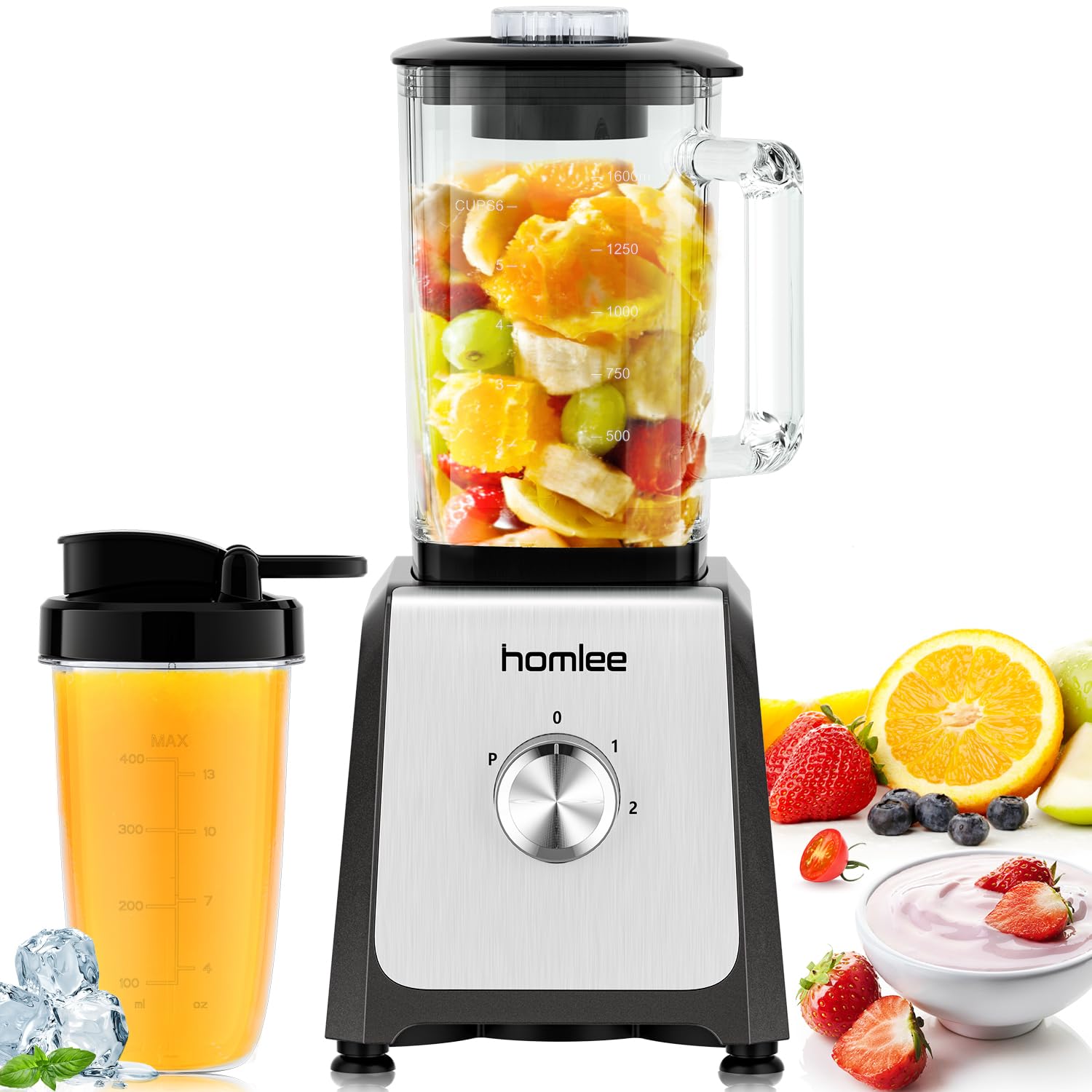 Homlee Blender Mixeur1200W Blender Smoothie Avec 2 Vitesses Et Fonc Pulse 16l Blender En Verre6 Lames En Acier Inoxydab Blen