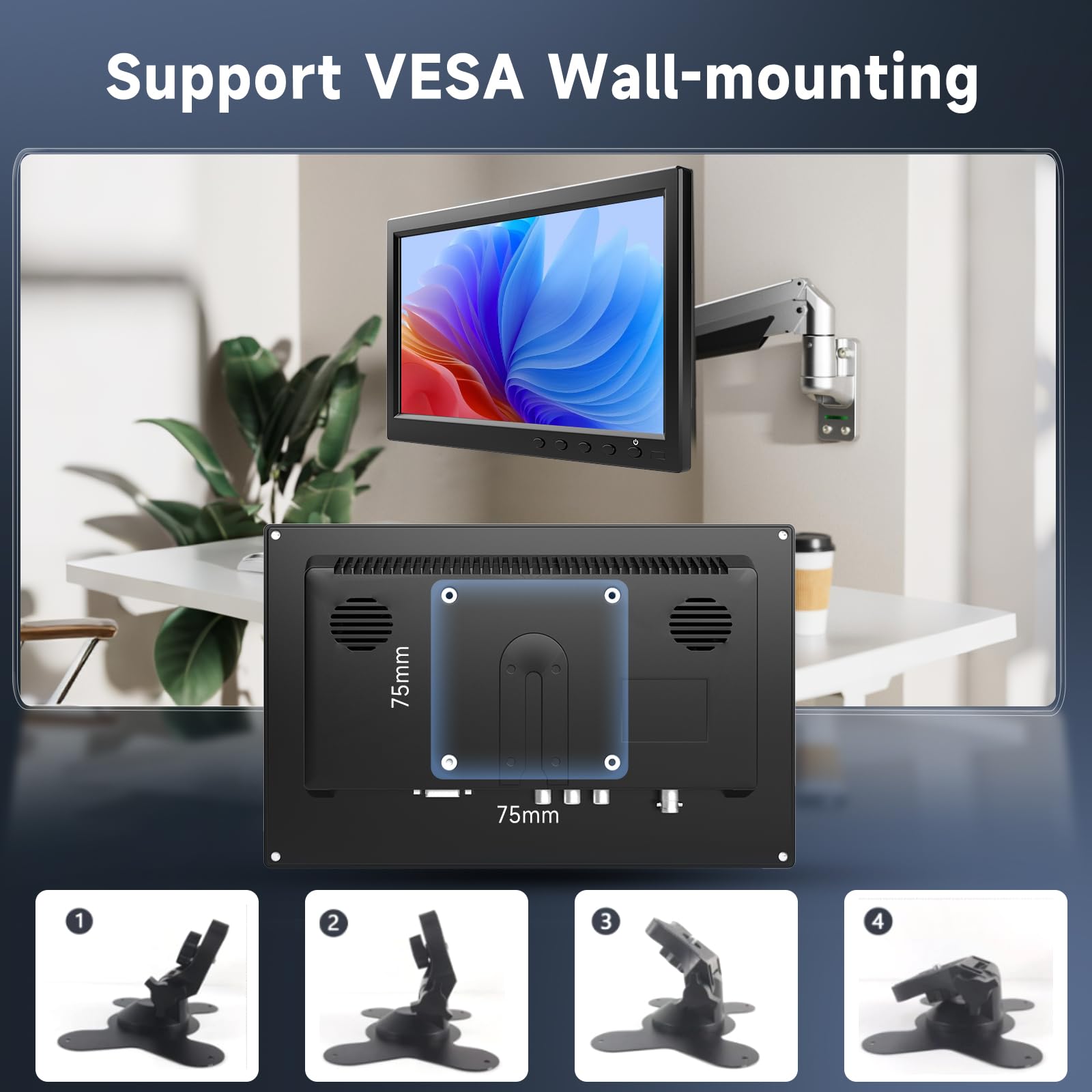 podofo Mini Display IPS da 10,1 pollici, monitor portatile per Raspberry Pi/espansione PC/sorveglianza/inversione di immagine, con ingresso HDMI/VGA/AVI/BNC/USB, monitor HDMI per giochi, DC 9-30V