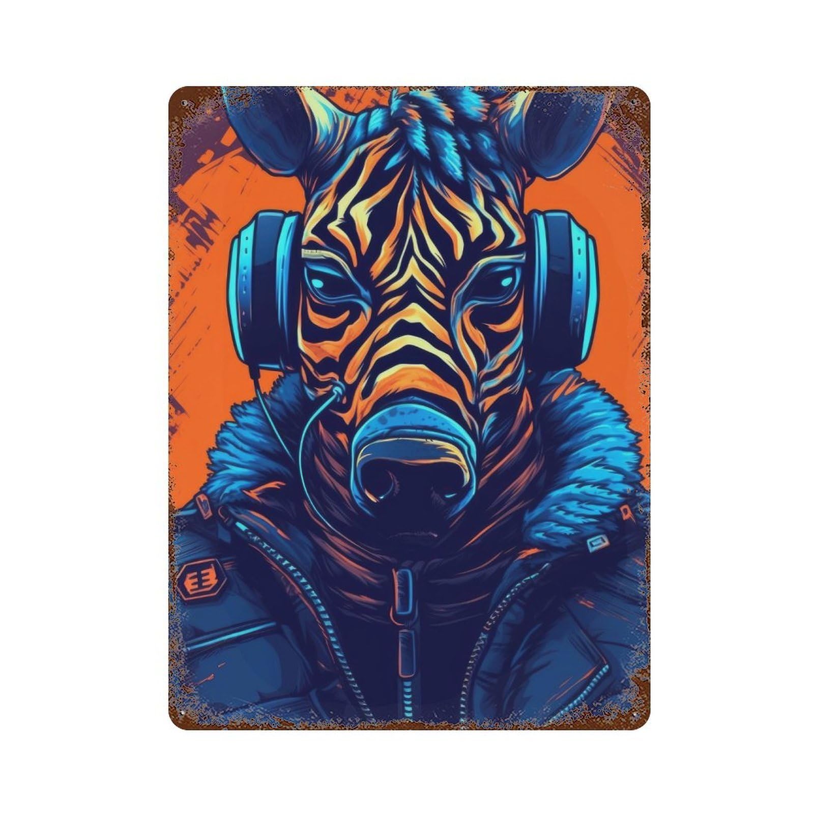 Decorative Tin Sign with Cyber Zebra Headphones Fashion Design 15.7"x11.8", for Basement, Hobby Room And Garage Decor, Farmhouse Wall Decor