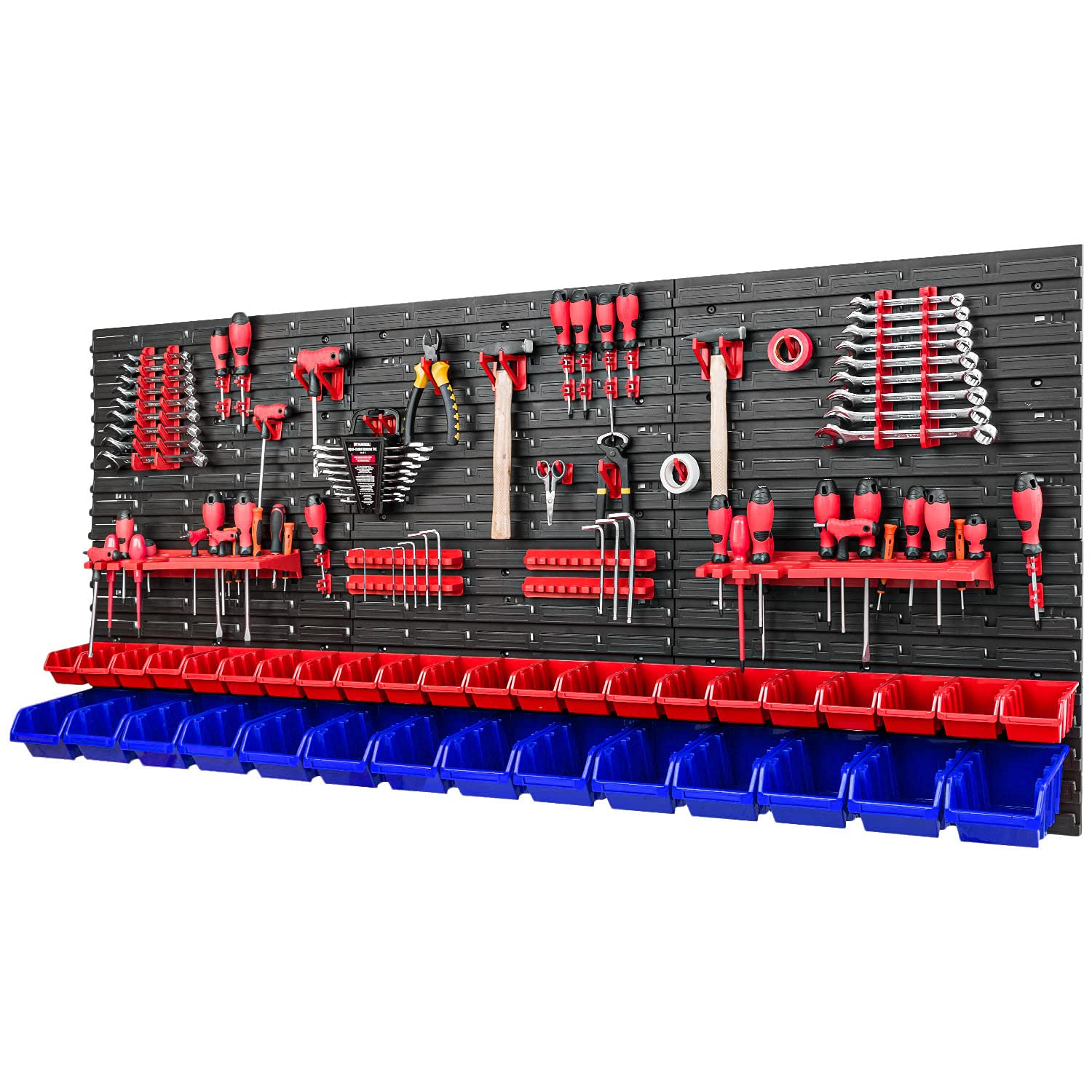 PAFEN Cajas apilables de pared para herramientas, 36 piezas, sistema de almacenamiento de plástico, color rojo/azul, modelo 1728 x 780 mm, estantes de pared, estantes de taller, cajas de