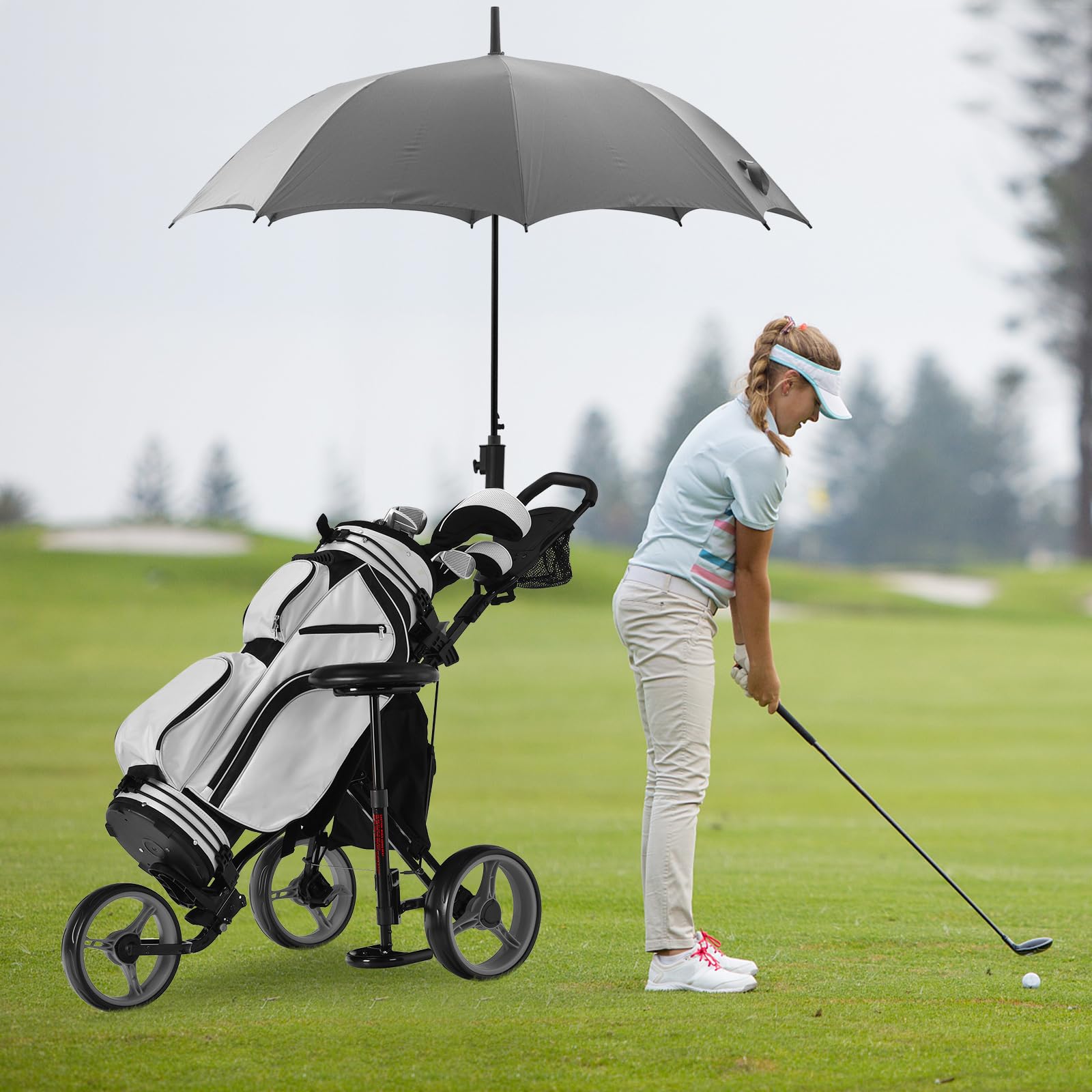 COSTWAY Carro de Golf Plegable 3 Ruedas con Altura Regulable, Asiento, Porta Paraguas y Bebidas