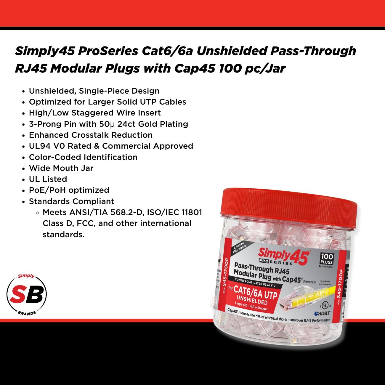 Simply45 ProSeries Unshielded Pass-Through RJ45 Modular Plugs with Cap45 for 23AWG Solid (Cat6/6a UTP) - Red Tint, Hi/Lo Stagger - 100-Pieces - S45-1700P