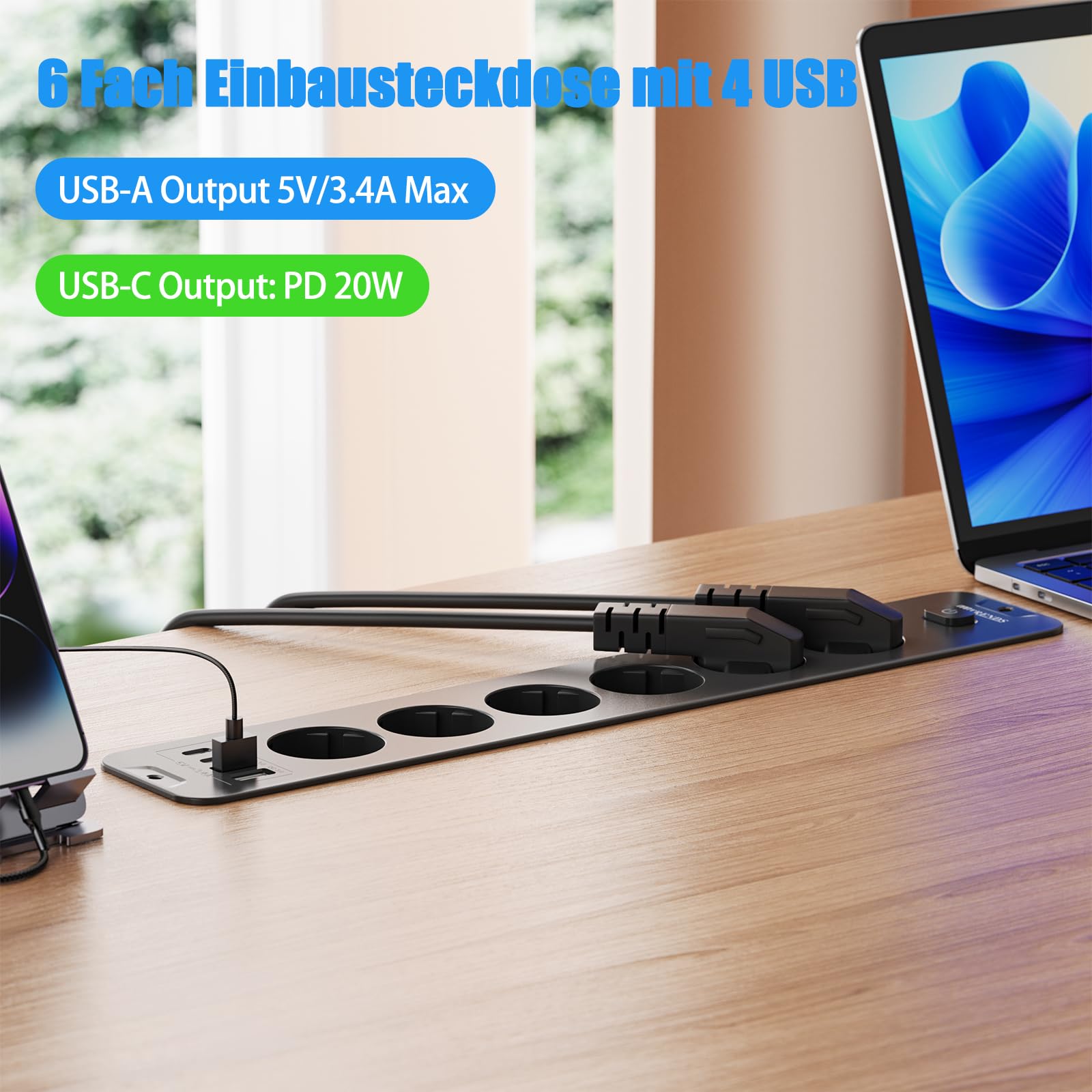 Presa da incasso con USB, 6 prese da tavolo con 4 USB, 10 N, 1 tavolo, con cavo di prolunga da 2 m, con interruttore, ciabatta da incasso per ufficio, casa (nero)