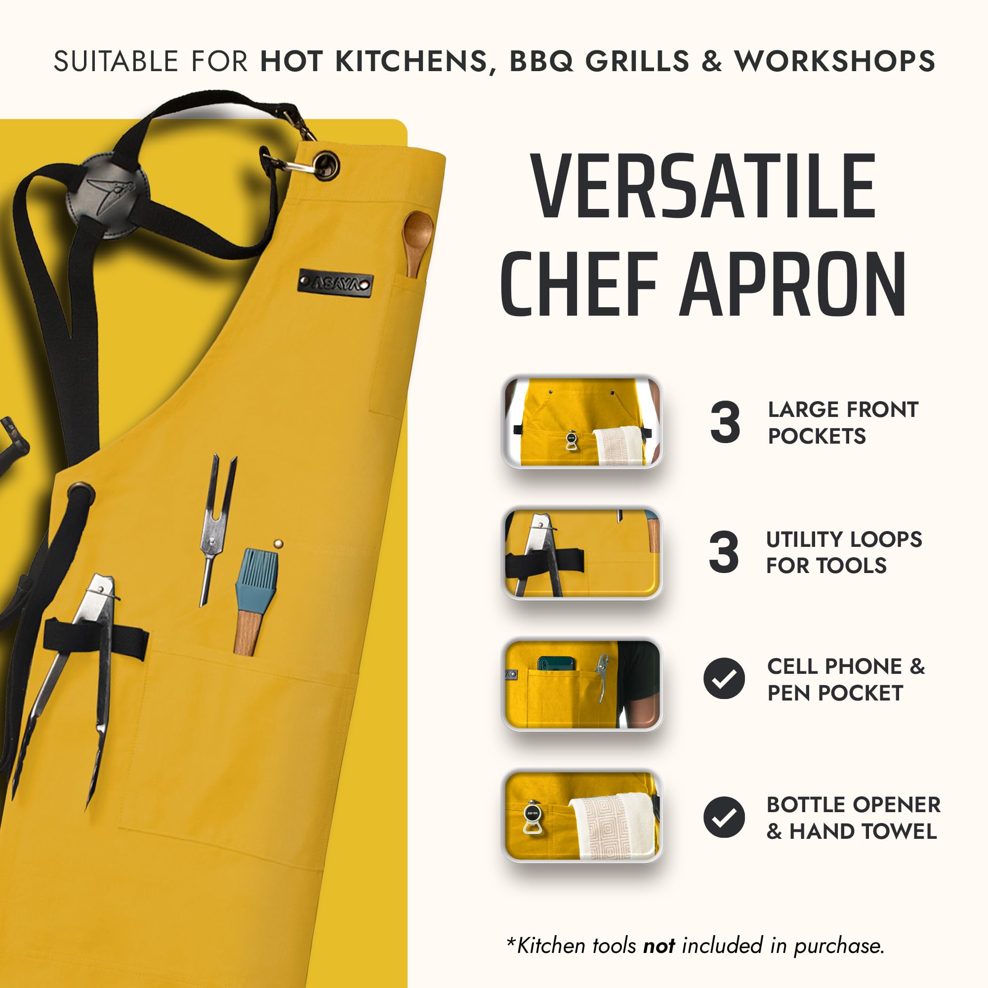 Asaya Delantal de chef y barbacoa con abrebotellas y toalla de mano, lona de algodón de 10 onzas, herrajes de acero inoxidable, correas cruzadas en la espalda, Amarillo, One size fits most