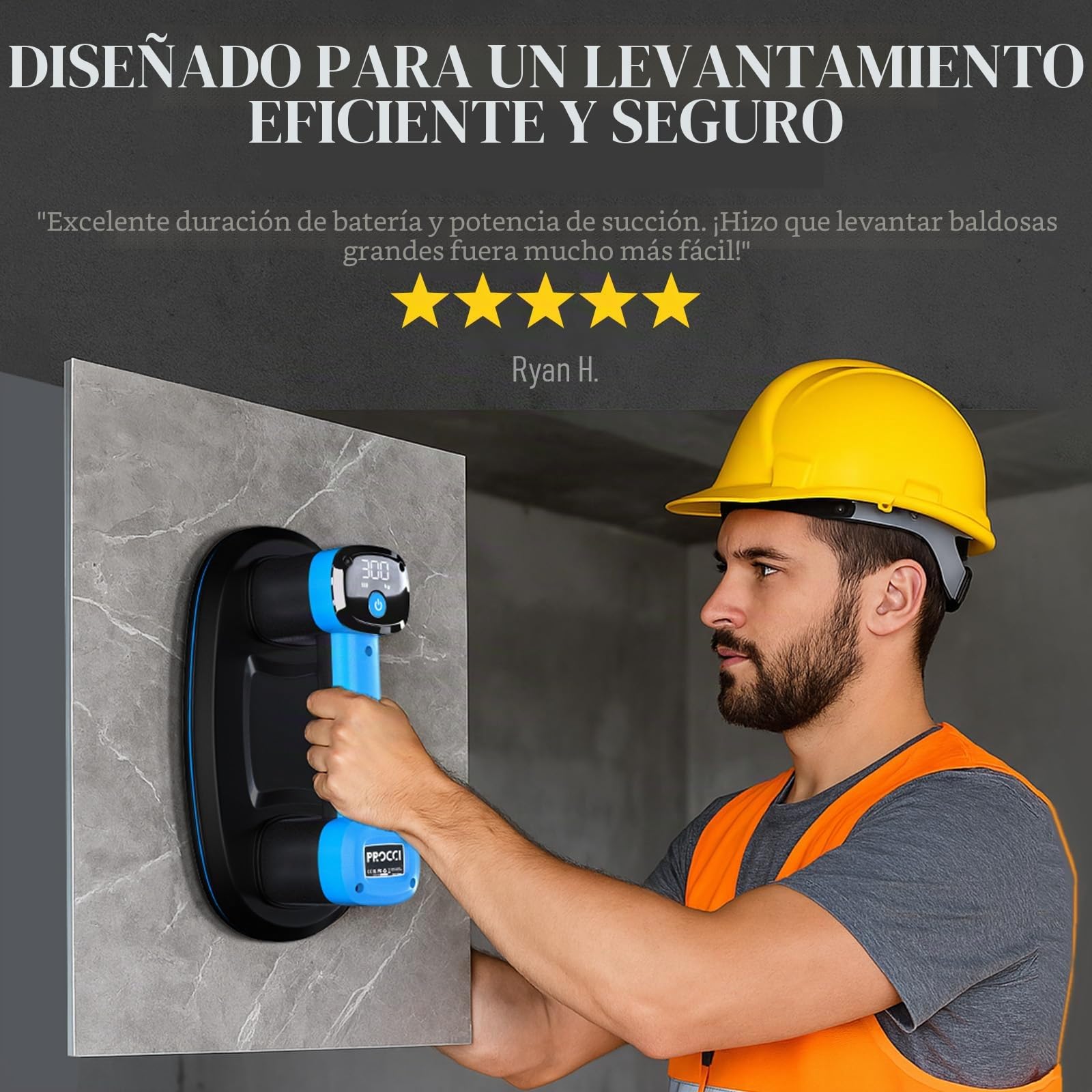 Ventosa Eléctrica para Azulejos, Vidrio, Mármol – 2 Motores Potentes, 300KG de Succión Fuerte, Pantalla LCD, Batería 4500mAh, 12h de Autonomía, 26cm, Ideal para Superficies Lisas y Rugosas