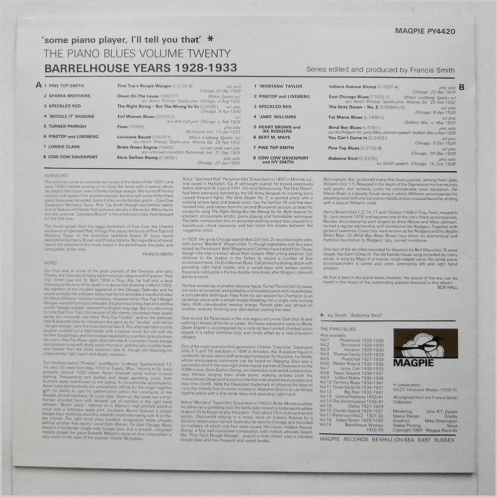 The Piano Blues Volume 20: Some Piano Player, Ill Tell You That: Barrelhouse Years: 1928-1933 [LP]