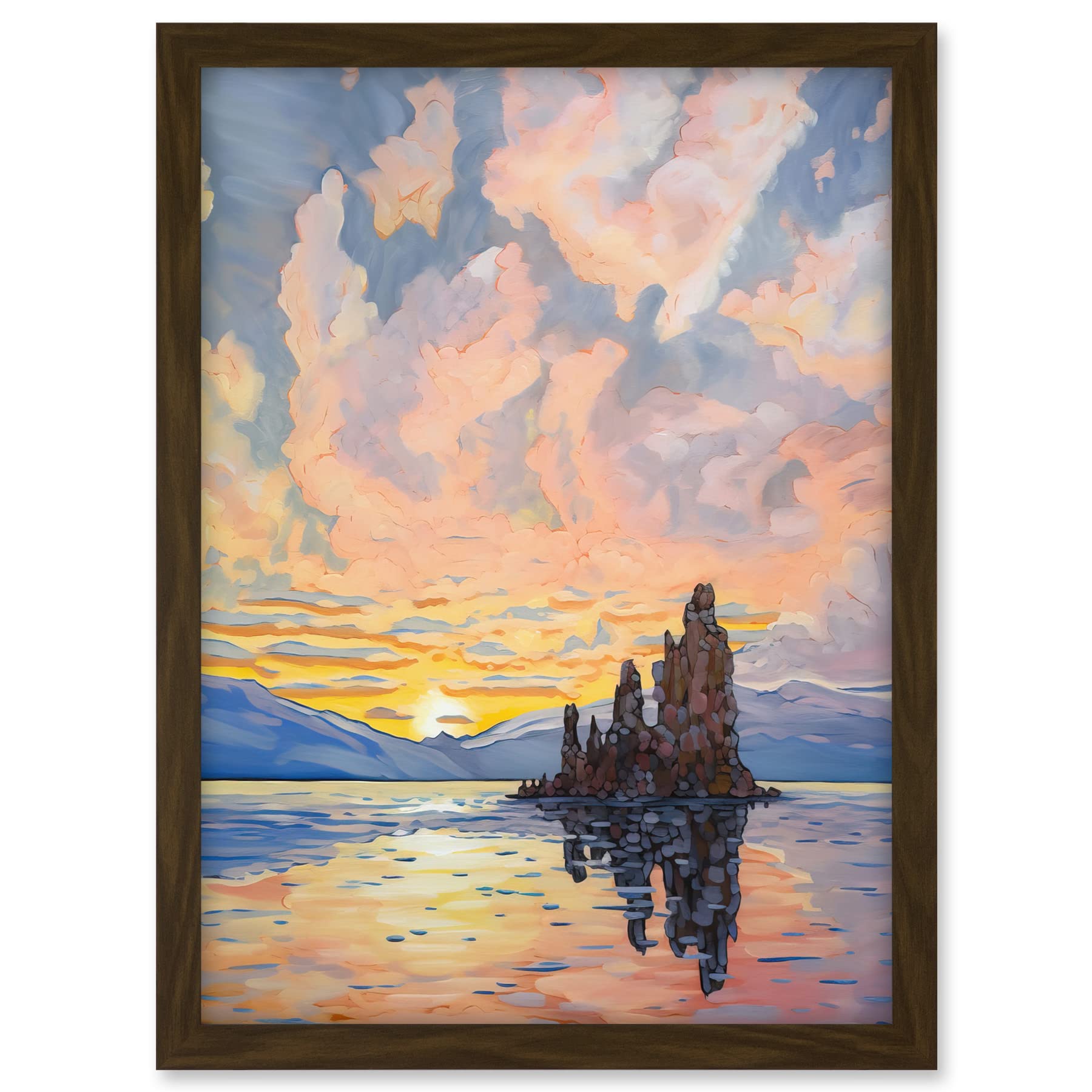 Artery8 Sunrise Atmospheric Clouds Over Mono Lake Mountain Lakeside Landscape Modern Watercolour Painting Artwork Framed A3 Wall Art Print