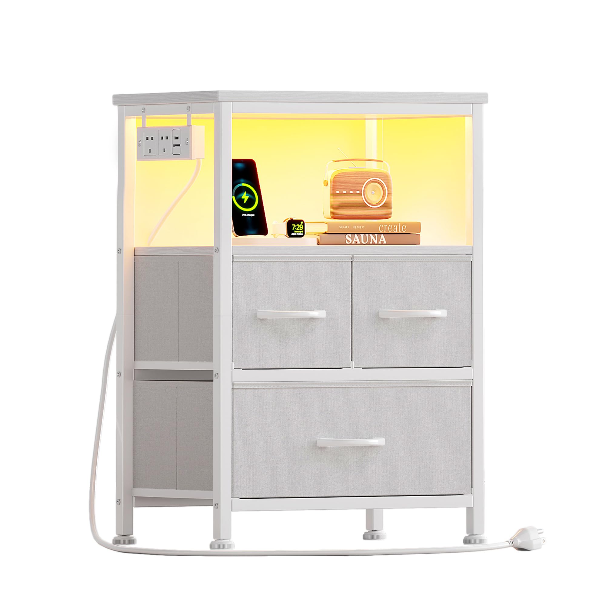 Flrrtenv Bedside Table with Charging Station, 3 Drawers Fabric Chest of Drawers for Bedroom, LED Night Stand with Storage Shelf, End Table with 2 AC Outlets & USB Ports for Bedroom, Dorm, White