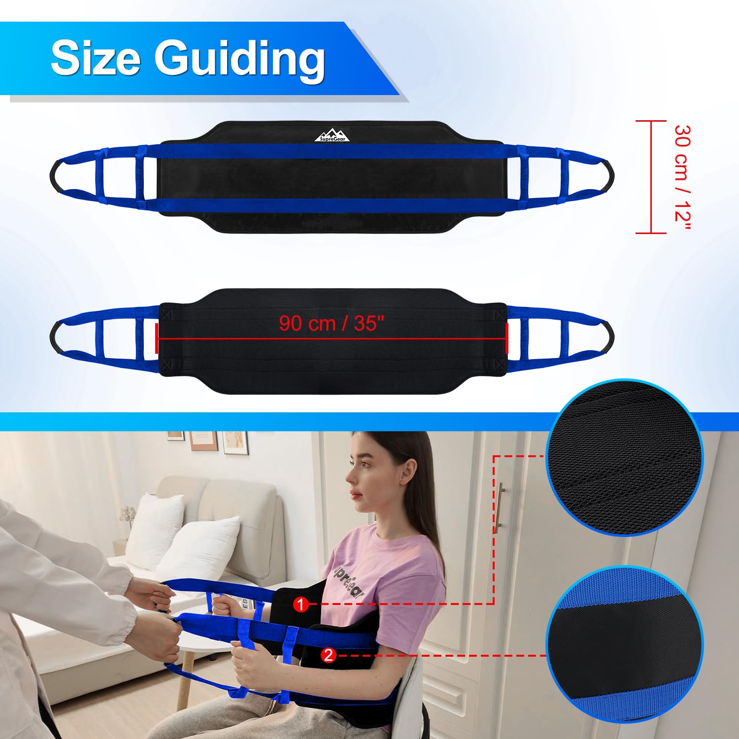 supregear Eslinga de transferencia acolchada de 90 cm con 6 asas, Ayuda para repositionar cuidadores en adultos mayores, giro en cama, soporte de pie y asistencia diaria, Negro