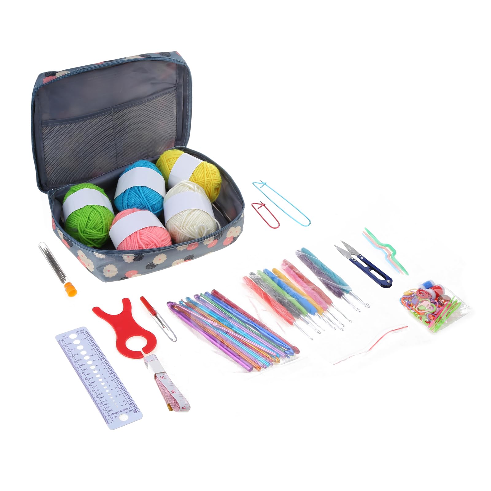 HZGFNBZ 107 Pcs Crochet Hooks and Yarns Set Beginner Kits with Ergonomic Hooks, Knitting Needle, Sewing Marker and More with Case for Yarn Beginner