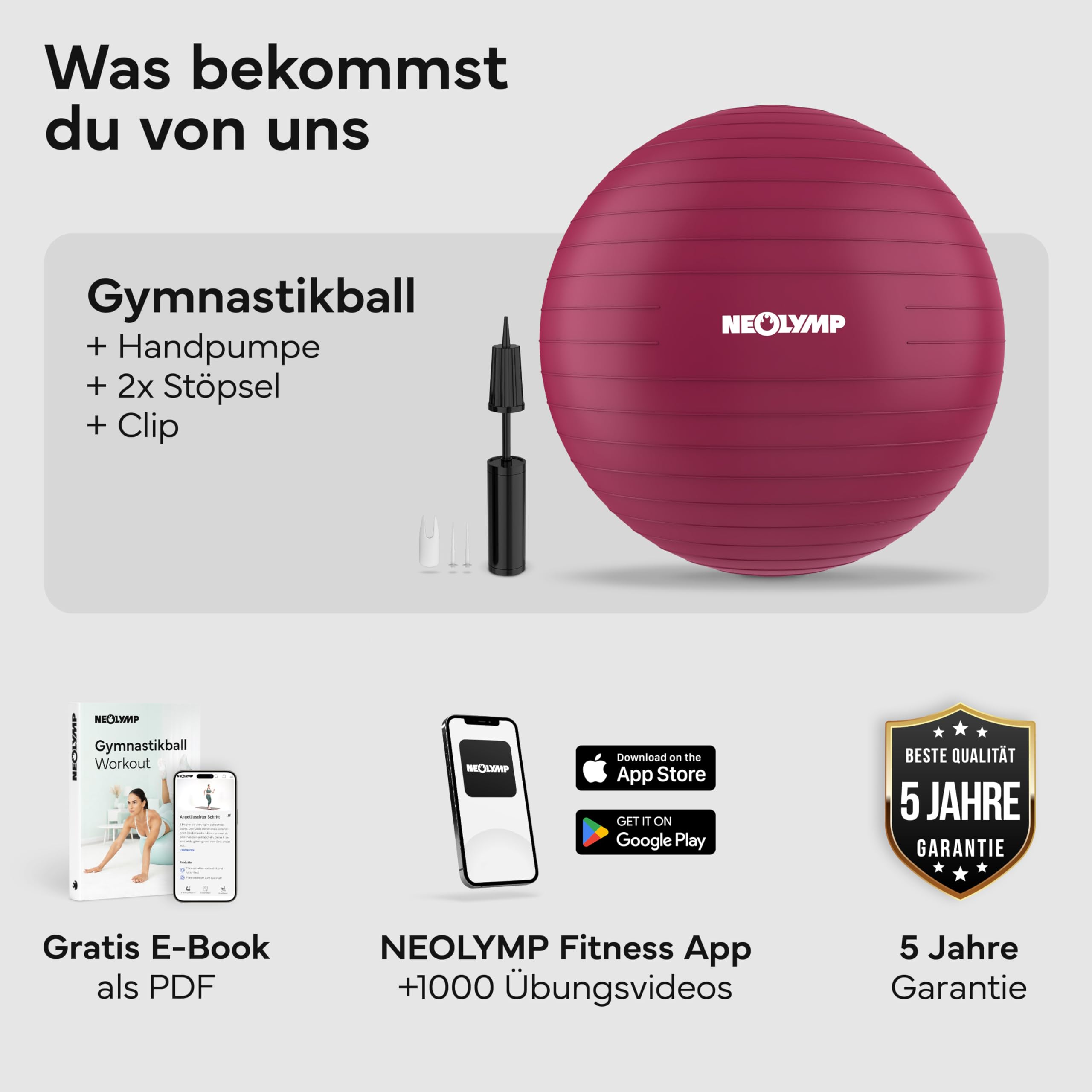 NEOLYMP Gymnastikball - Sitzball Büro ergonomisch in 3 Größen S/M/L - bis 300 kg belastbar, rutschfest & Anti Burst - Pilates Ball, Pezziball, Schwangerschaftsball, Yoga Ball für Homeoffice