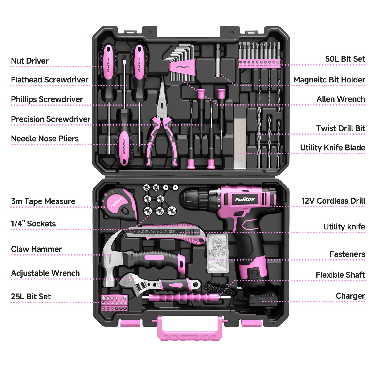 PULITUO Set di trapani, 149 pezzi, set di utensili per la casa con trapano a batteria rosa da 12 V, cassetta degli attrezzi, kit di utensili manuali per donne e uomini e appassionati di fai da te, per