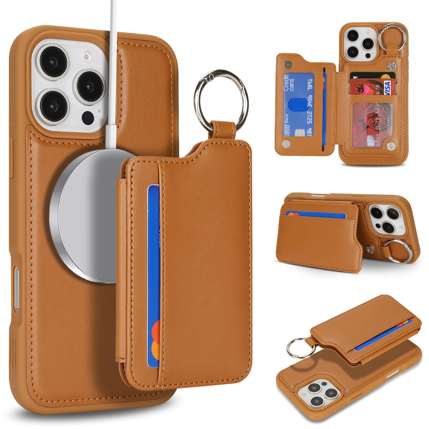 DEYHU for iPhone 16 Pro Wallet Case with Card Holder Compatible with Magsafe Magnetic, Women Men Faux Leather Flip Kickstand Key Chain Detachable