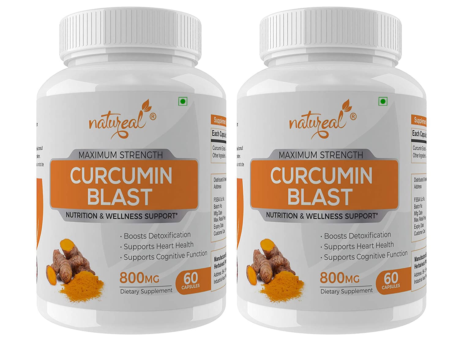 Natureal Curcumin Extract 800 mg Capsules for Enhanced Bioavailability & Cognitive Functions | Anti-Inflammtory & Anti-Oxidant - 120 Capsules (Pack of 2) (B07RDVZNDW) Amazon Price History, Amazon Price Tracker