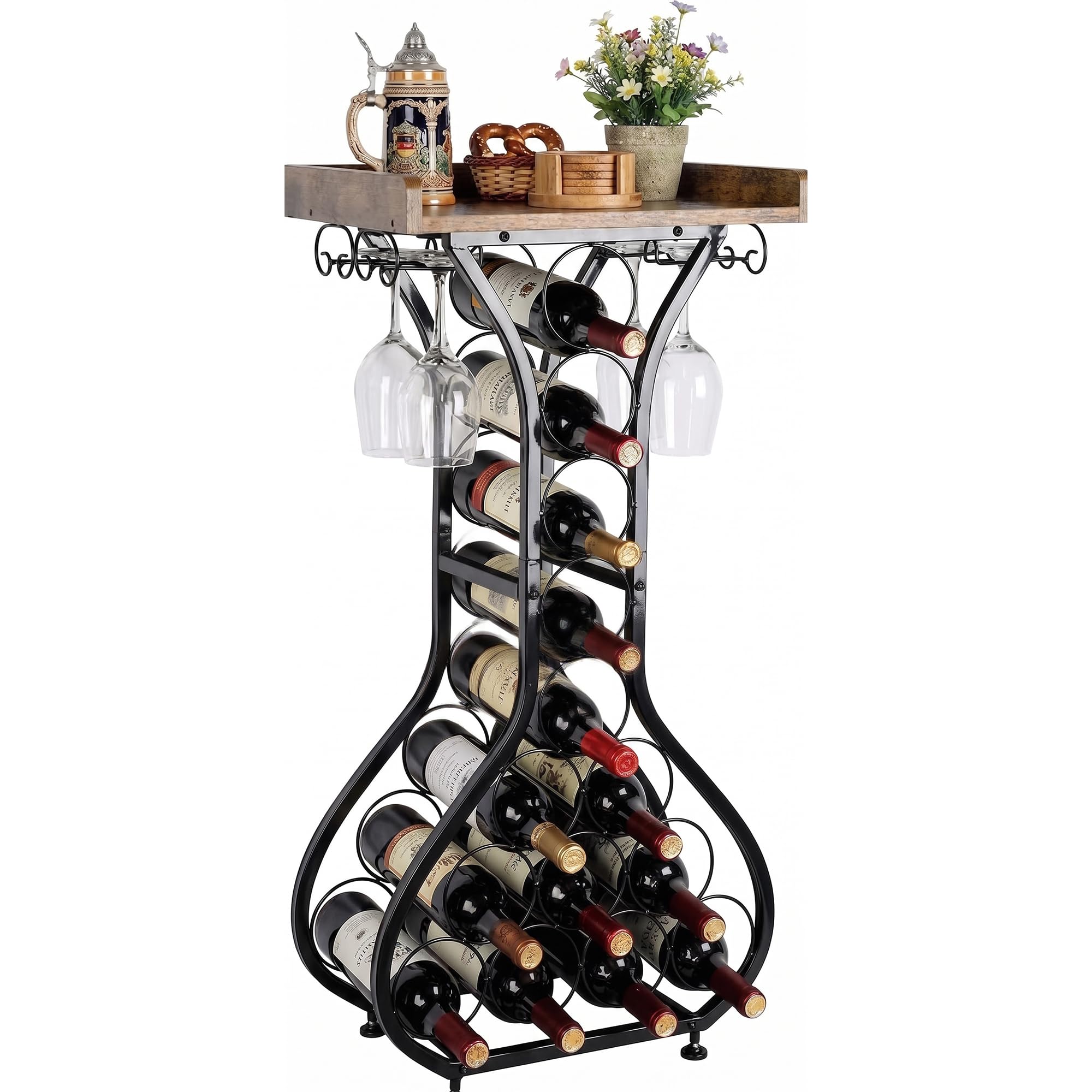 Weinregal Freistehend für 14 Flaschen, Weinflaschenhalter aus Metall mit Glashalter für 4 Gläser und Holzplatte, Flaschenregal Weinständer im Vintage-Design für Küche, Wohnzimmer, Hausbar