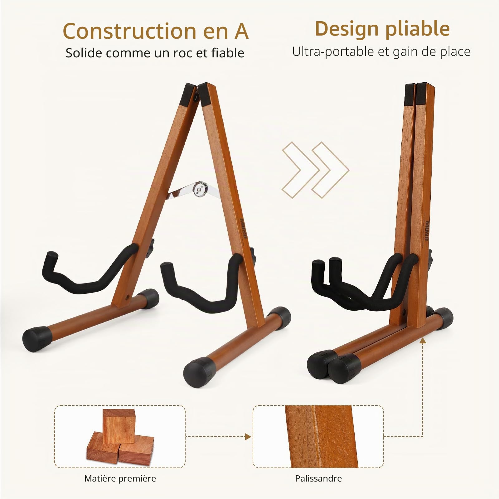Support de guitare acoustique avec mousse rembourrée, support de guitare électrique classique, support pliable en A, compatible avec mandoline, basse, banjo, ukulélé (palissandre)