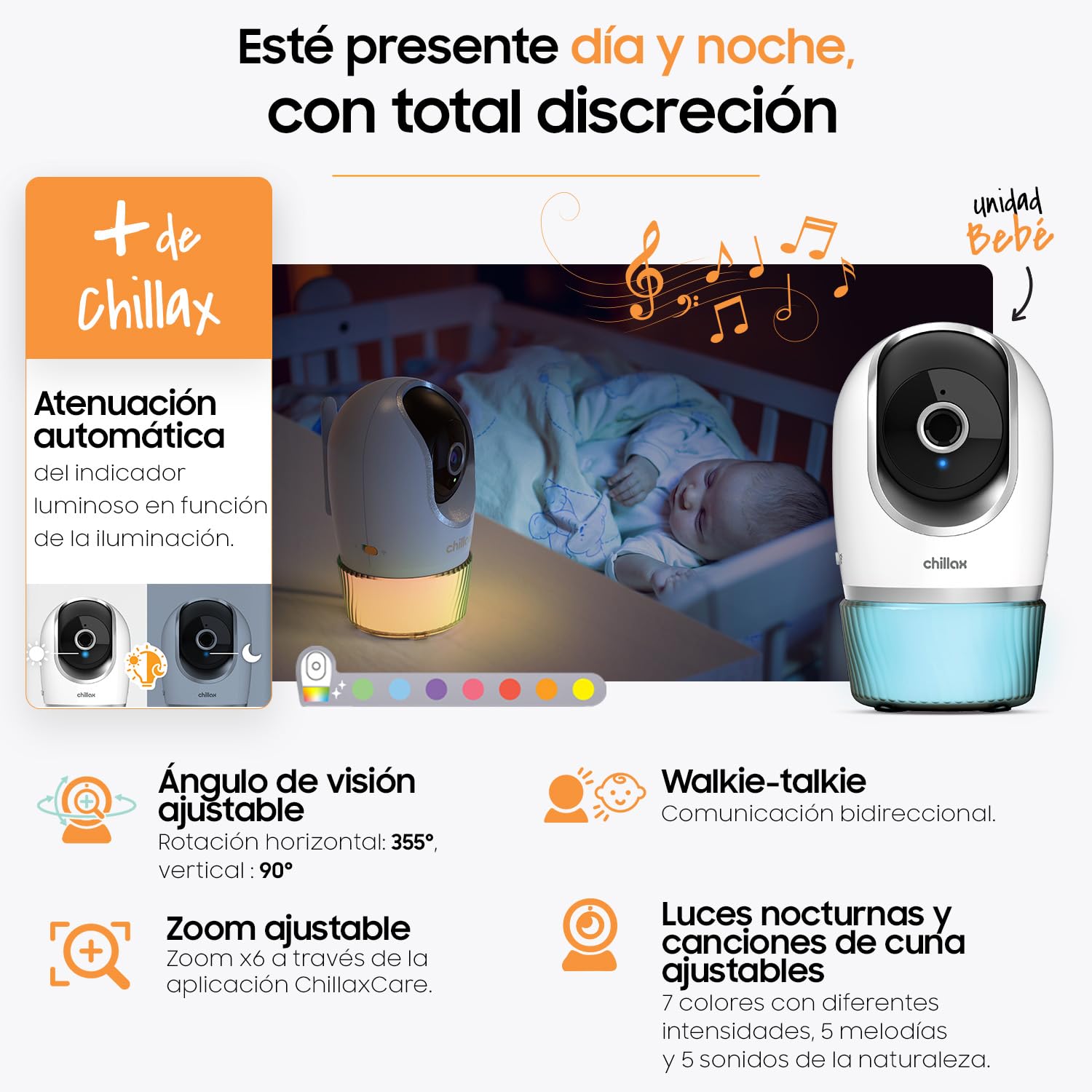 CHILLAX - Cámara para bebés Candle - 2K QHD 360° panorámica controlable en Remoto - Compacta - Visión Nocturna - Sensor de Temperatura con Alarma - Walkie-Talkie - Luces nocturnas y Nanas- con App