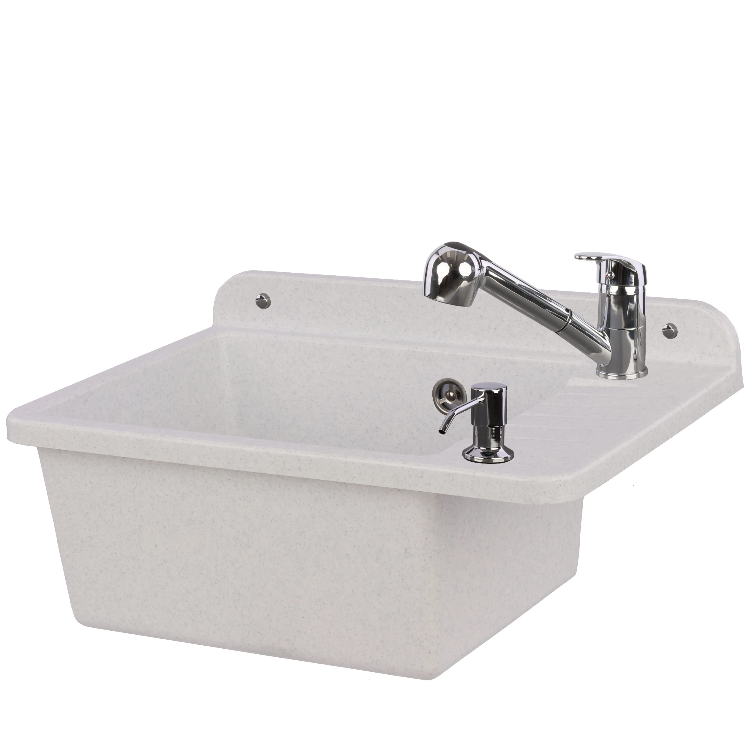 Fregadero de 51 cm, granito, poliestireno, con grifo extensible, dispensador de jabón con rebosadero, sifón para pared