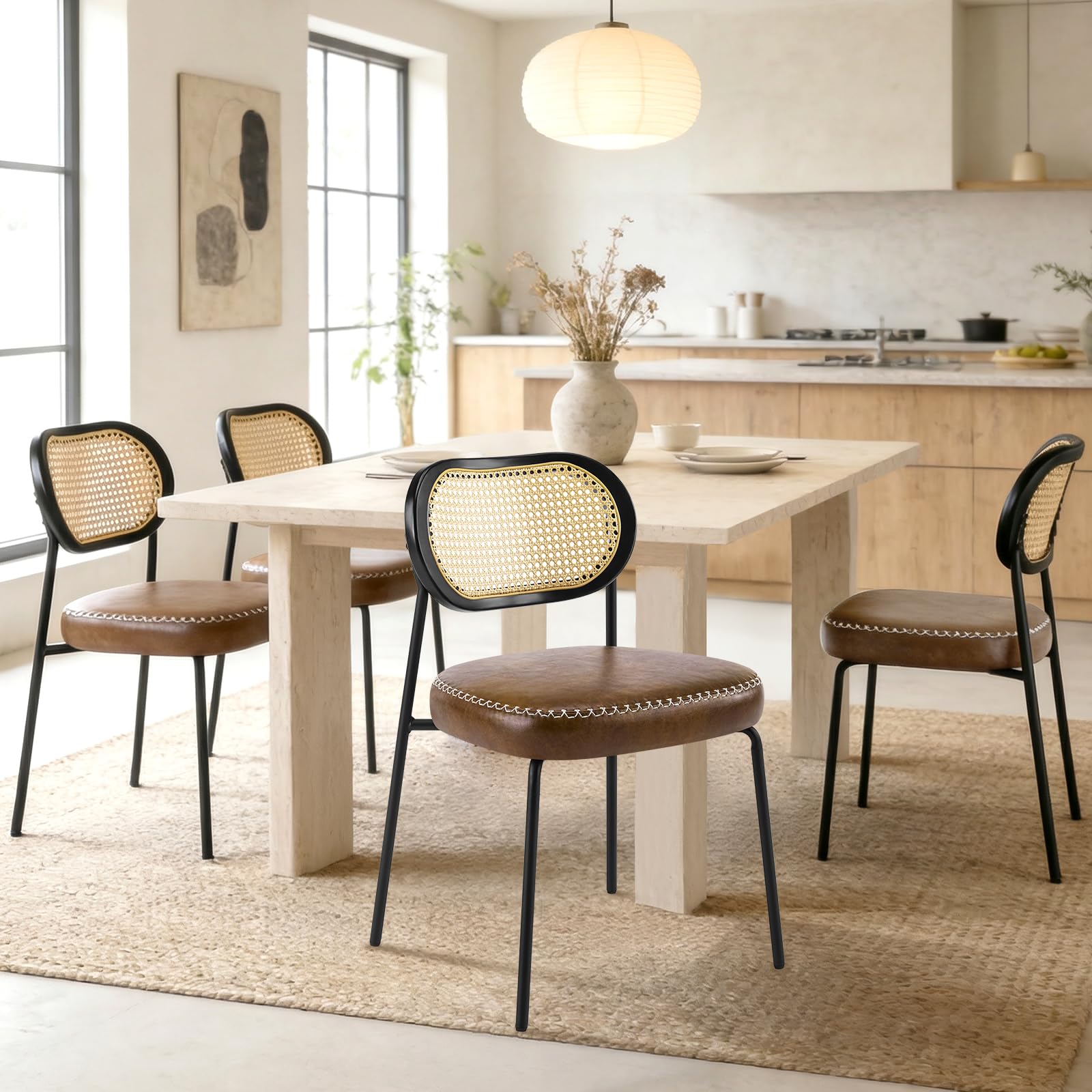 Esszimmerstühle 4er Set mit Rattan Rückenlehne, Gepolsterte Küchenstühle mit Metallbeinen, Mid Century Modern Esszimmerstuhl mit Dickem Sitzkissen, Stabile Stühle für Küche Esszimmer Wohnzimmer, Braun