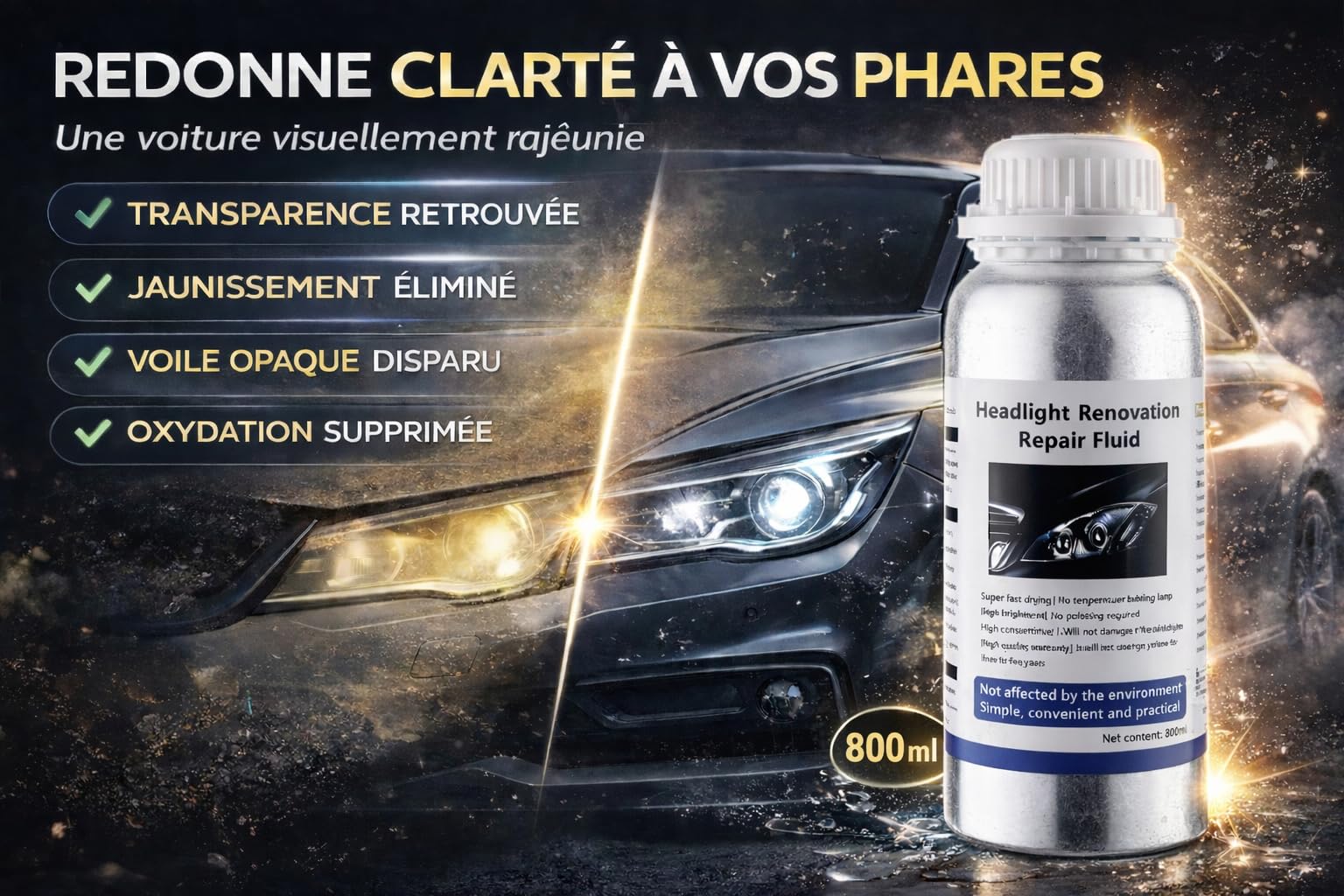 Liquide Rénovation Phares Voiture 800ml – Rénovateur Optiques Auto Anti Jaunissement, Polymère Réparation Phares Oxydés, Polish Phare Voiture Transparent (1 BOUTEILLE)