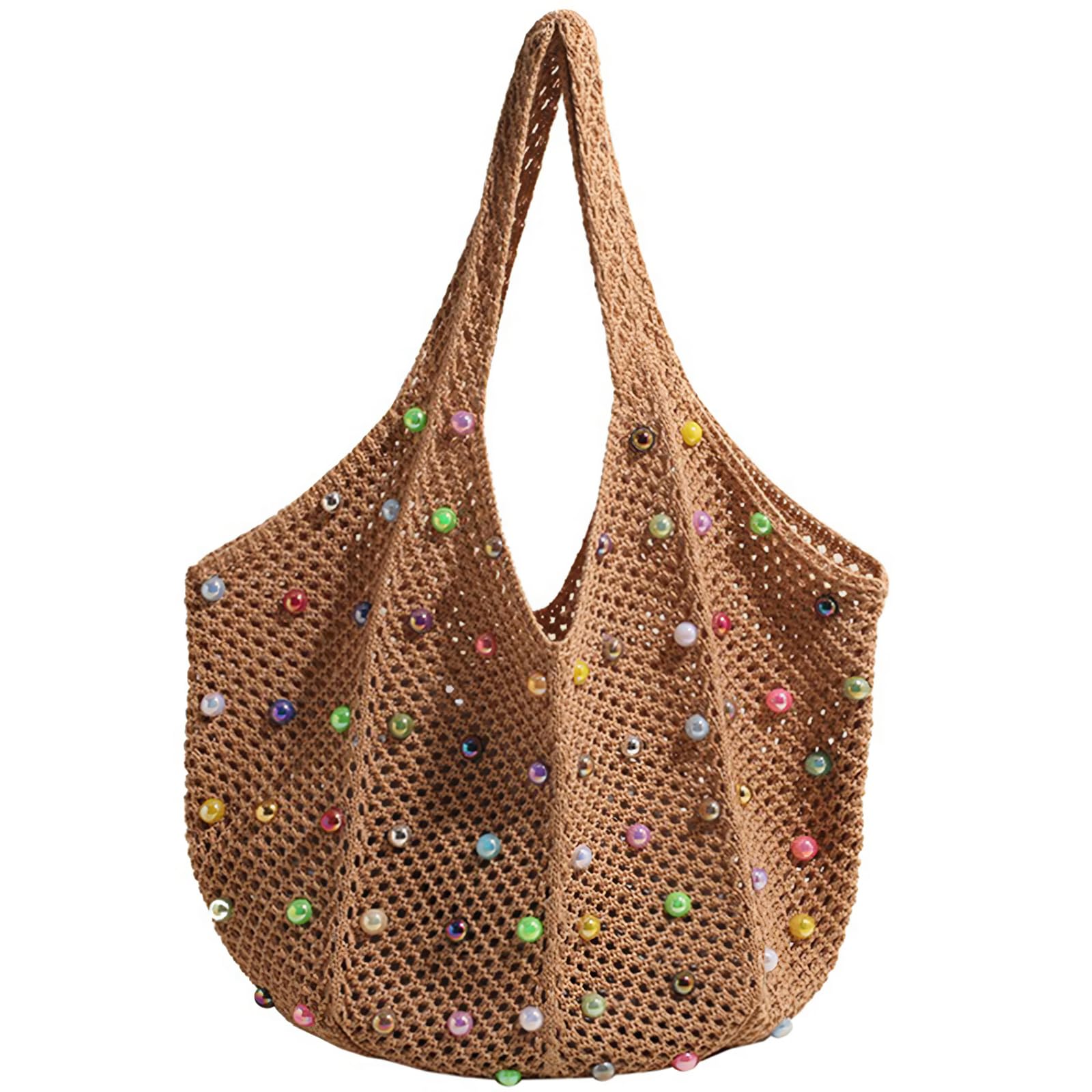 Boho Crochet Beach Tote Shoulder Bag with Colored Beads | Colorful Aesthetic Hippie Knit Bag for Women
