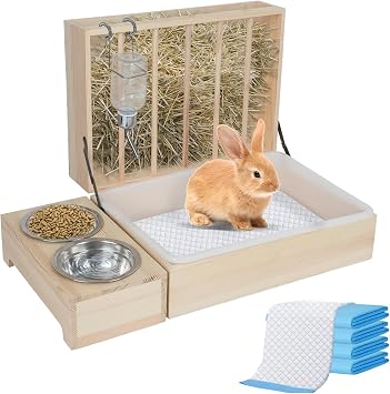 Multifunctional Large Hay Rack with Toilet Hay Rack Rabbit Wood Complete with Drinker and Feeding Bowl Suitable for Rabbits Guinea Pigs Hamsters Small Animals 4 in 1