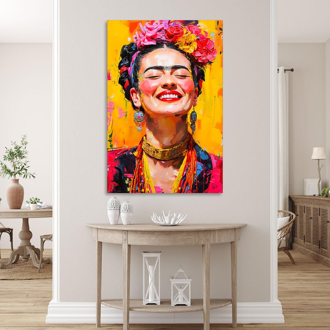 Kunstgestalten24 Frida Kahlo Lacht obraz na płótnie z ramą z prawdziwego drewna 60 x 90 cm