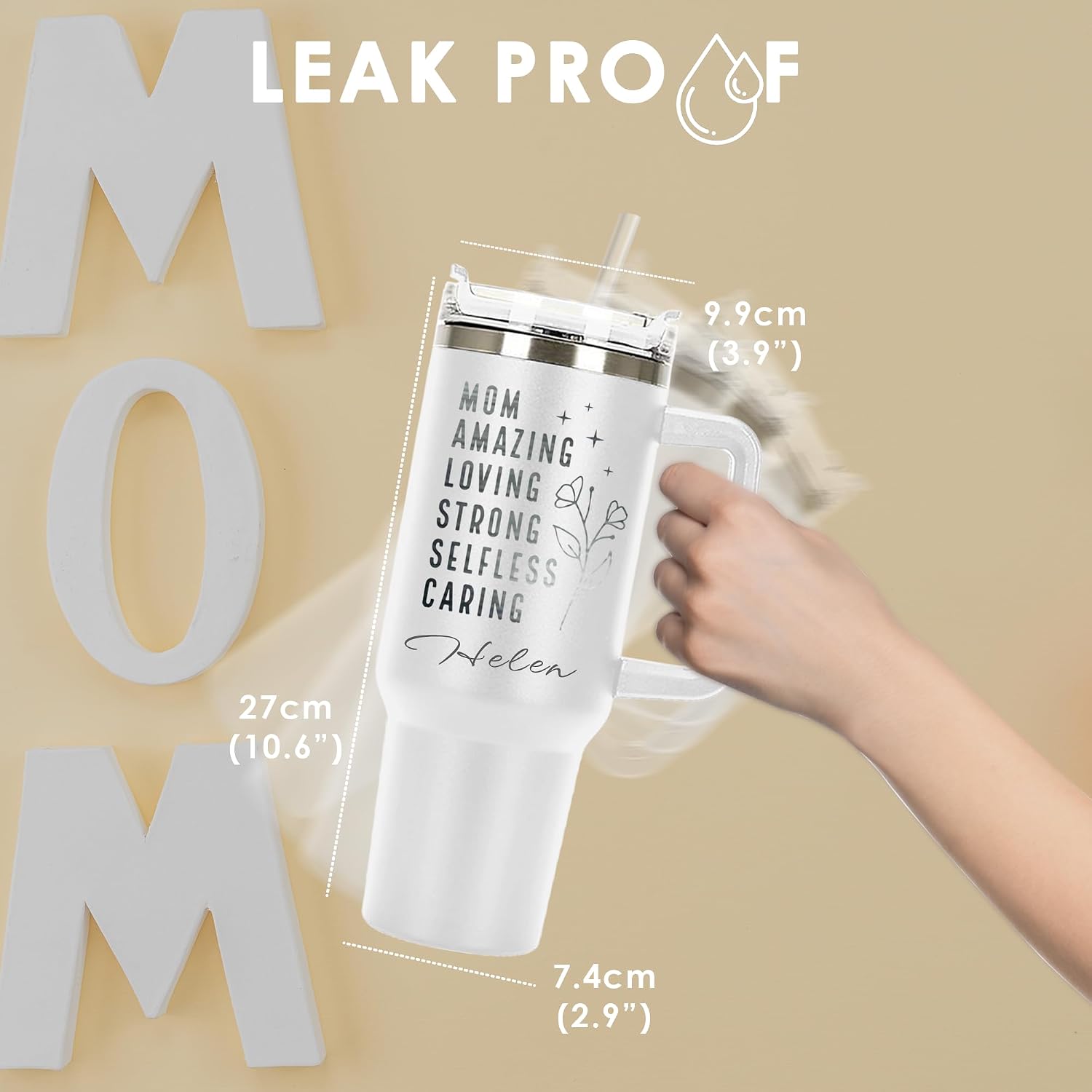 Mom Amazing Personalized Laser Engraved 40 oz Large Tumbler with Handle, Straw&Lid, Mothers Day Gifts, Double Wall Vacuum Travel Mug for Birthday, Customized Coffee Cup, Travel Coffee Mugs