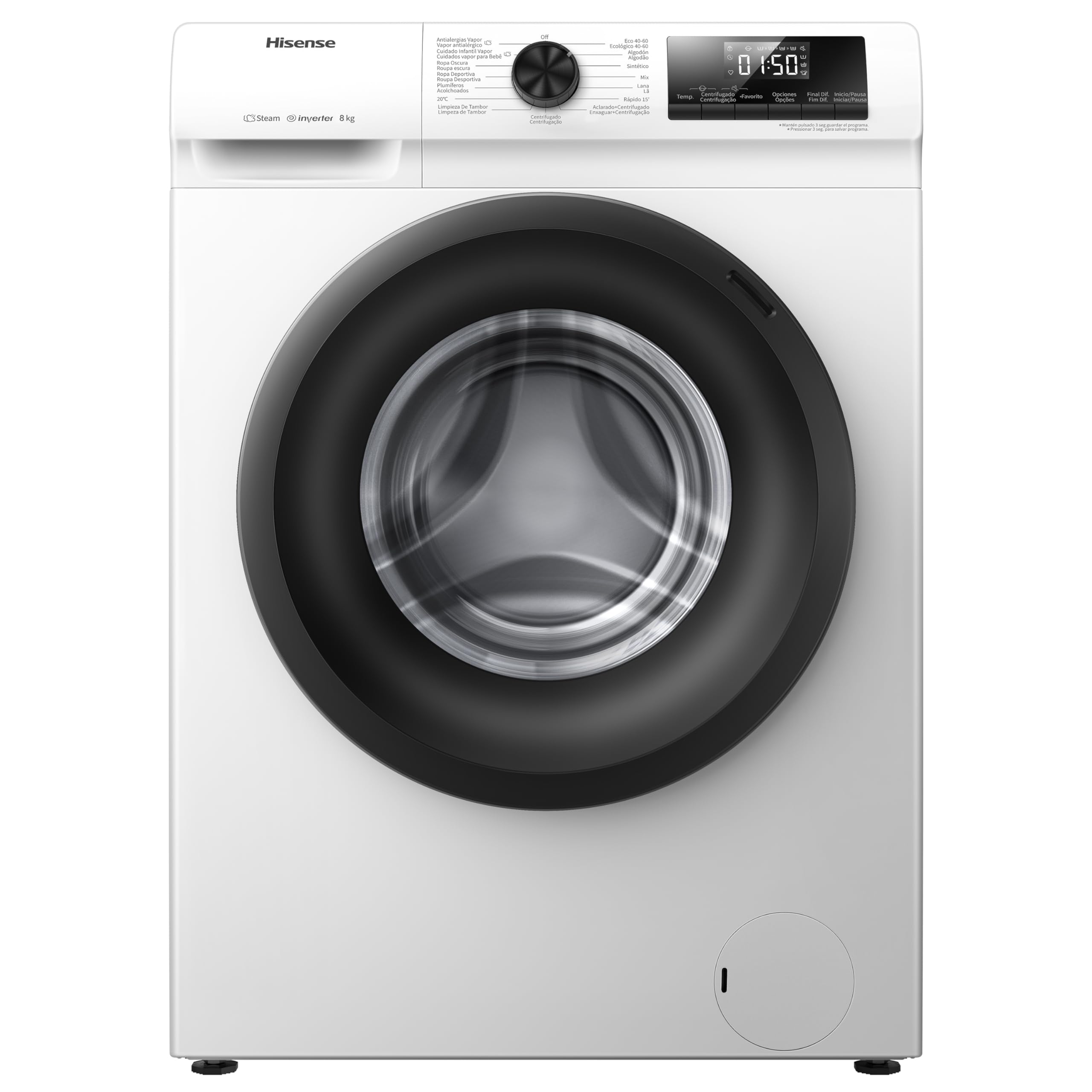 Hisense WFQP8014EVM - Lavadora con Vapor, Clase A, Carga Frontal 8 Kg, 1400 rpm, 16 Programas, Control de balanceo inteligente del tambor, Display LED, Programa rápido, Bloqueo Infantil, Blanco Etiqueta Energética