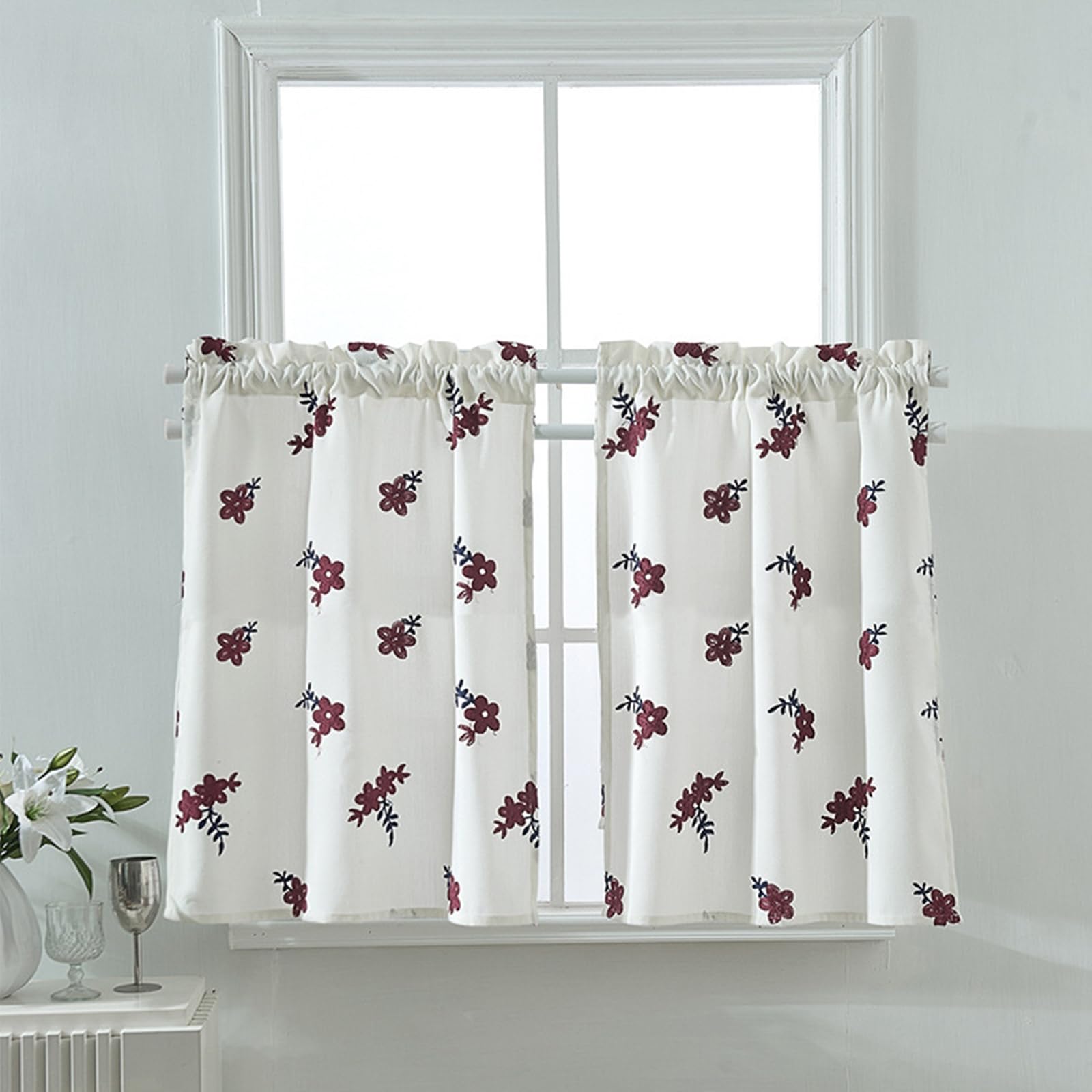 Rideau court brodé beige et blanc KnSam 74x61cm double panneau passe tringle