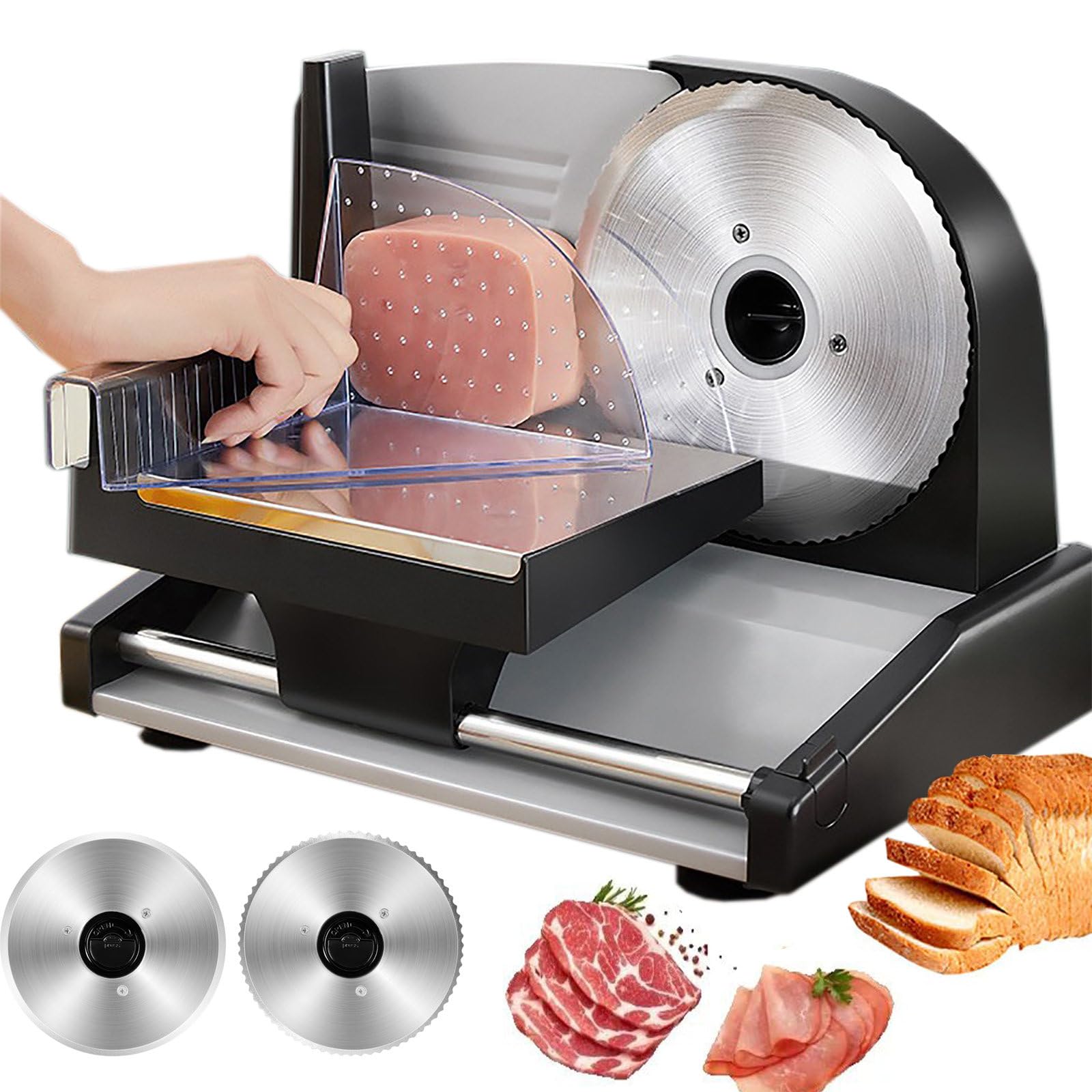 Cortadora De Fiambres, Cortadora EléCtrica De 200W, Doble Cuchilla Desmontable De Acero Inoxidable De 190mm, ProteccióN De Bloqueo Para NiñOs, Grosor Ajustable De 1 A 15mm, Carne, Queso, Pan Black