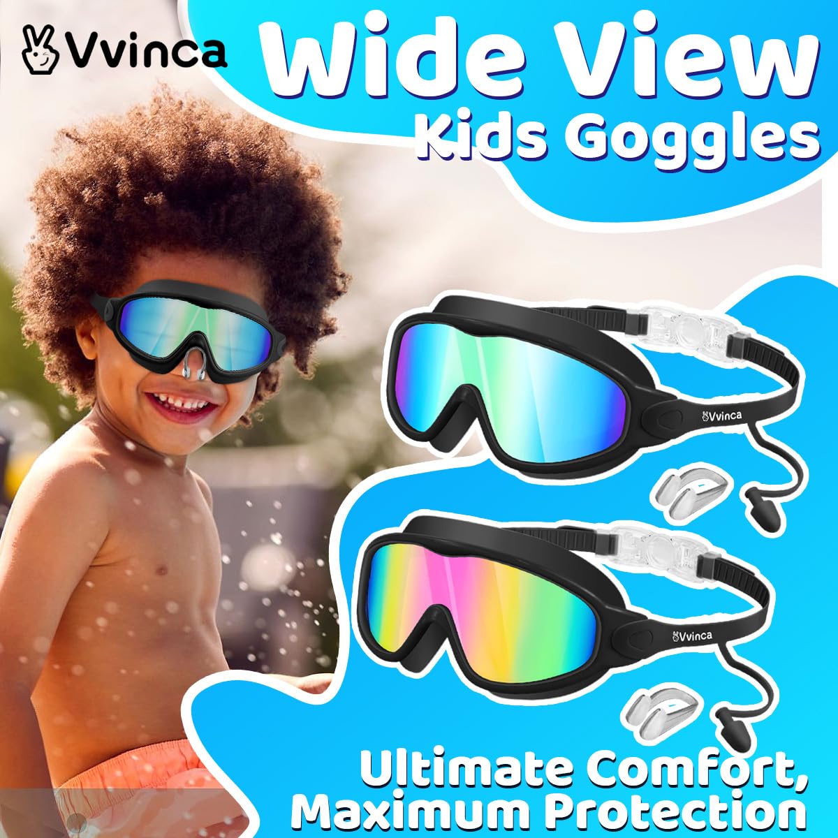 Vvinca Gafas de natación para niños con tapones para los oídos y clip para la nariz, visión amplia, antivaho, gafas de natación UV para niños y niñas de 3 a 15 años