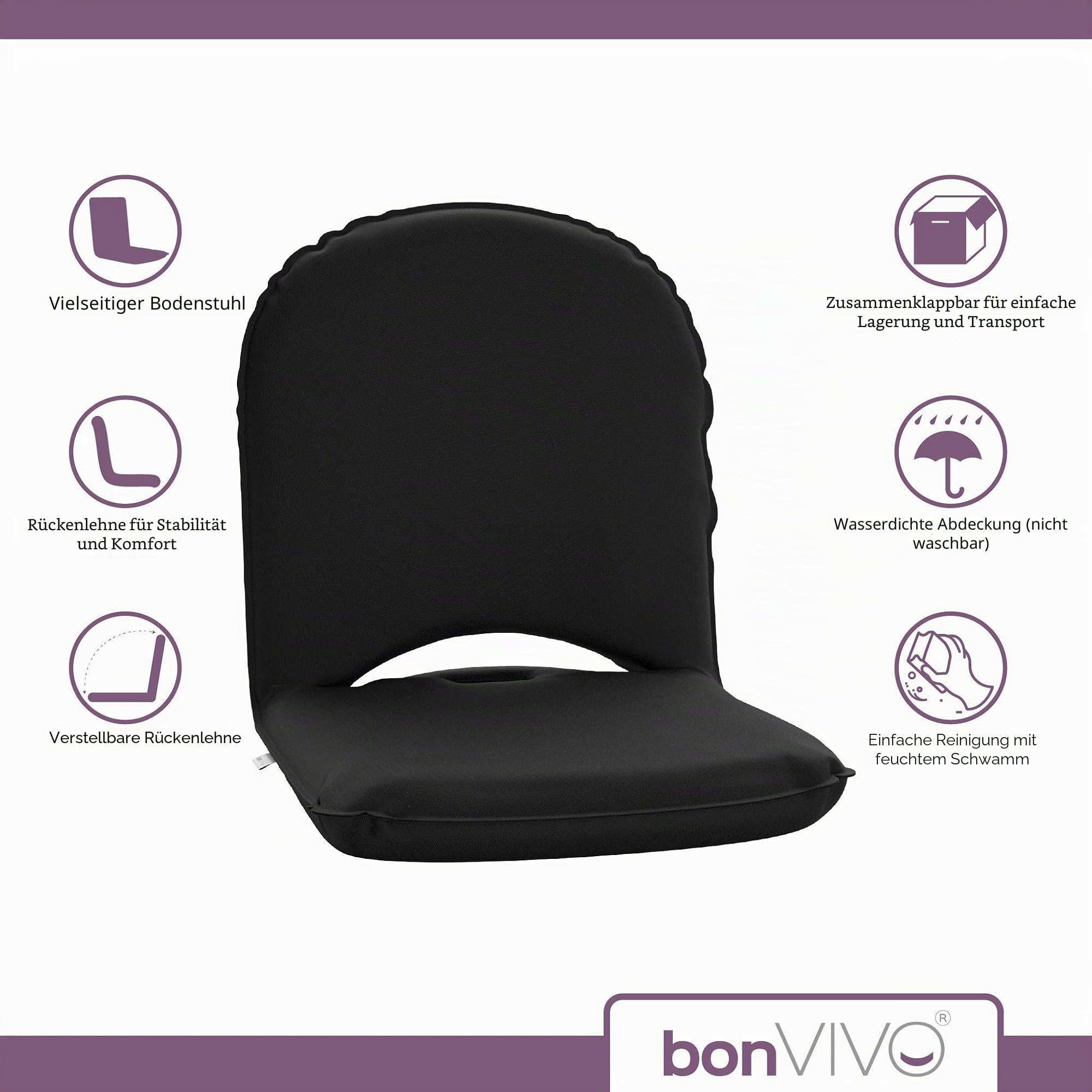 bonVIVO Easy Smart Bodenkissen – japanischer Stuhl, faltbar und tragbar – Bodenstuhl für Meditation, Lesen und Yoga, mit wasserdichtem Bezug