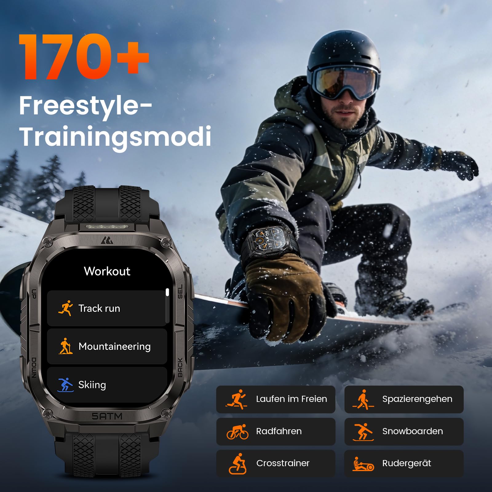KOSPET Tank M4C Smartwatch Herren mit LED,Dualband-GPS,1,96" AMOLED,5ATM | IP69K, Walkie-Talkie, Robuste Militär Watch für Android/iPhone,Telefonfunktion, Kompass, 24/7 Herzfrequenz& Schlaftracking