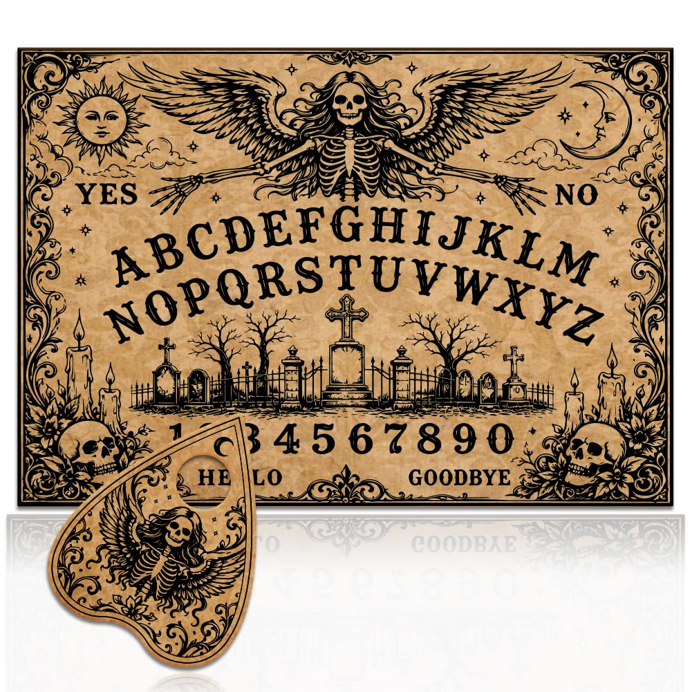 WEBEEDY Graveyard Angel Wood Spirit Board with Planchette, Halloween Skull Yes or No Pendulum Board Wooden Talking Boards Decision Maker Divination Boards Witchboard Gift for Halloween Christmas Party