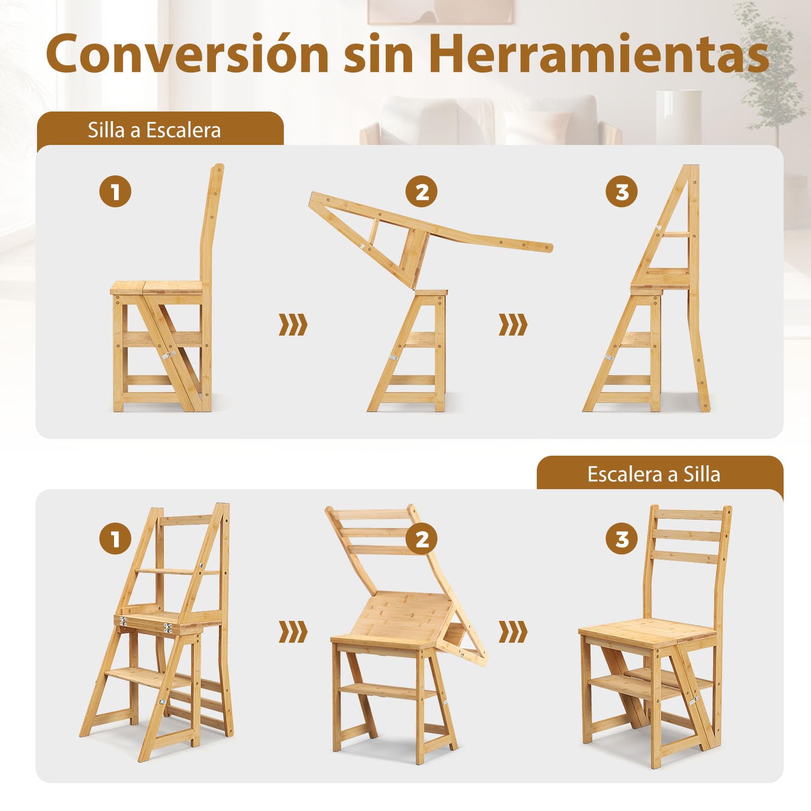 GIANTEX Silla Escalera de Bambú 3 en 1, 3 Peldaños, 40 x 41,5 x 89 cm, Carga hasta150 kg, Silla Plegable Multifuncional, Taburete Escalera para Cambiador, Cocina, Almacén