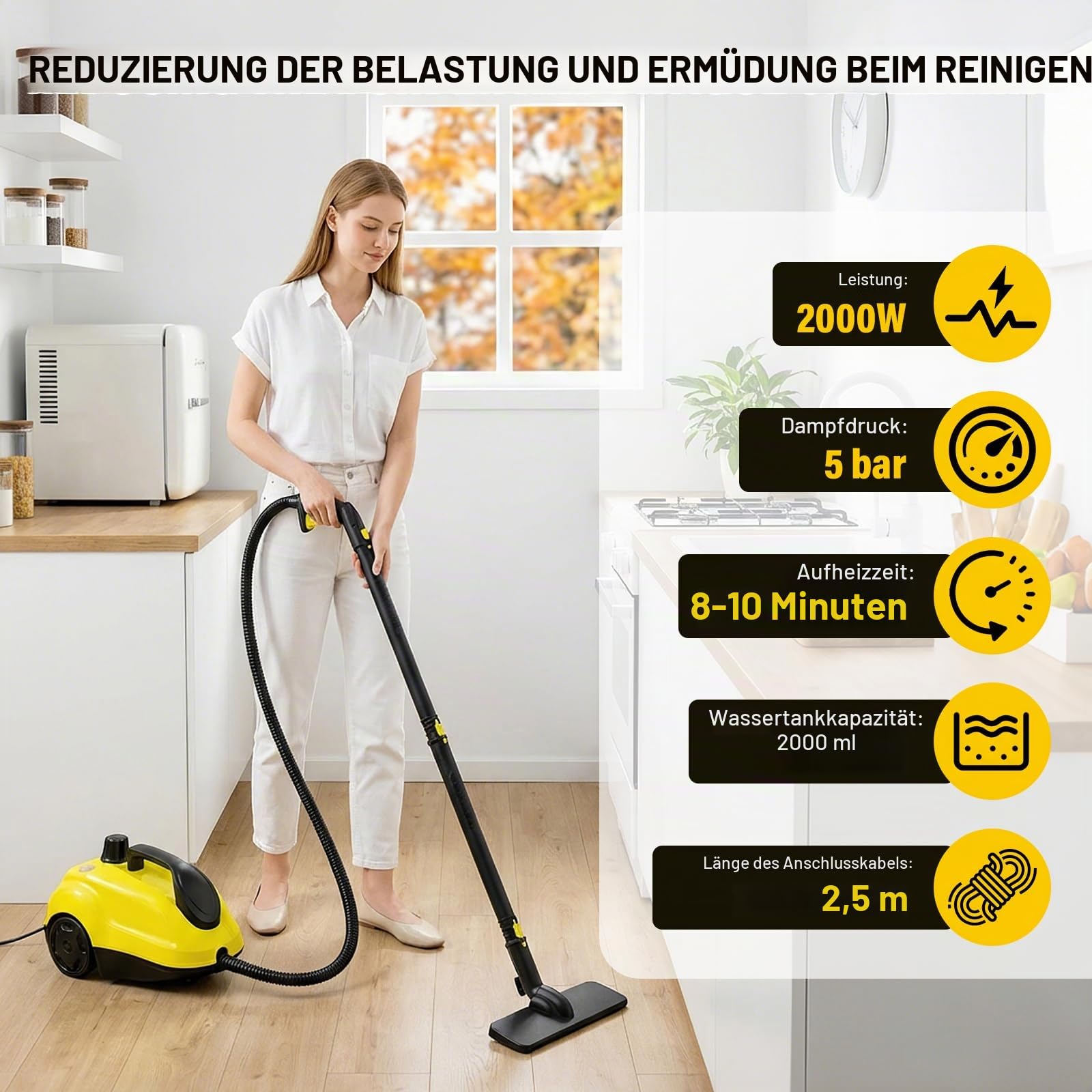Dampfreiniger Handgerät Dampfdruck: 5 Bar,Leistung: 2000 W,Tank: Max 2 L mit 23 Zubehörteile Dampfreiniger für Boden,Polstermöbel,Auto,Teppich,Sofa,Bad Steam Cleaner