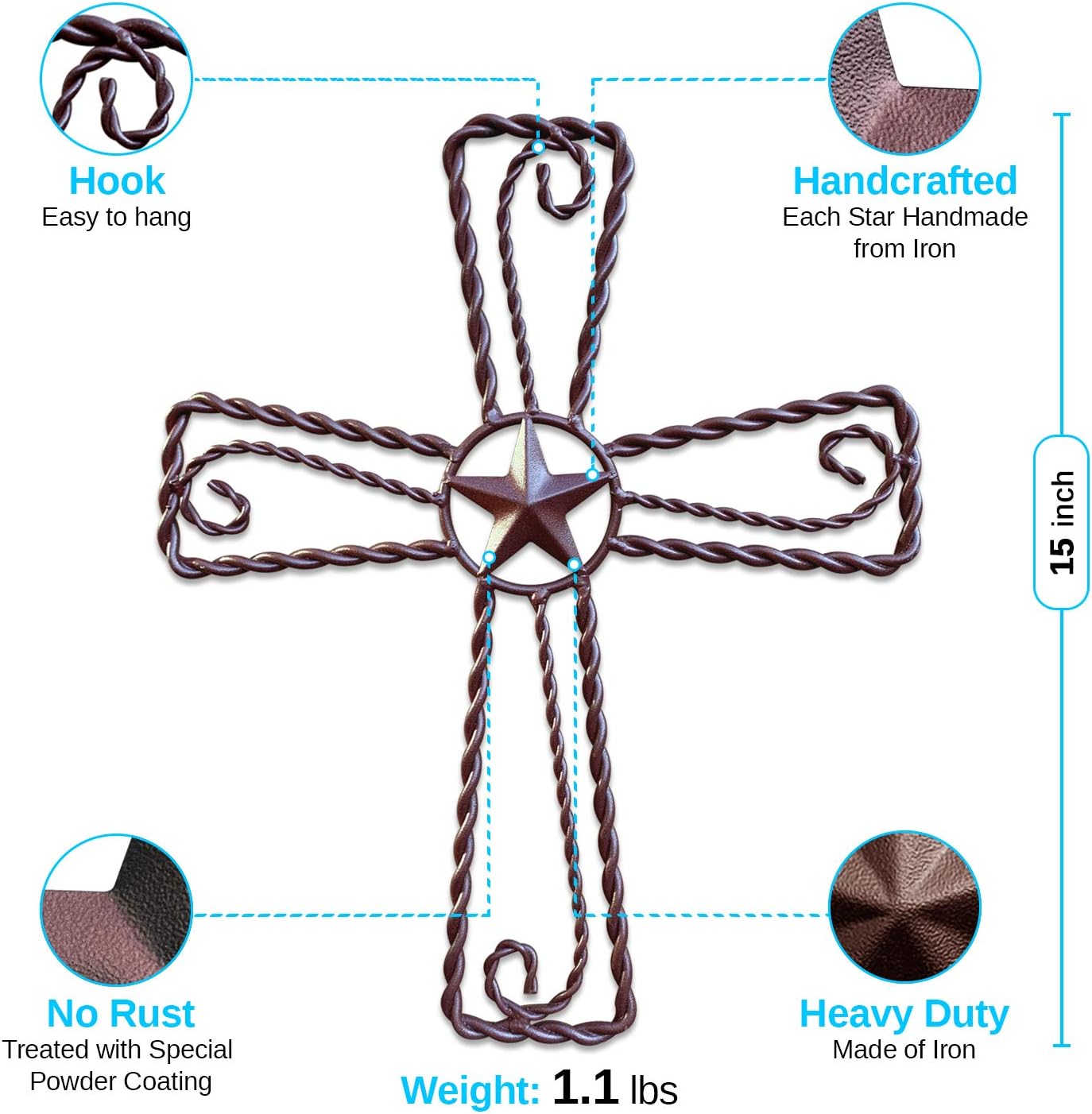 Metal Cross Wall Décor – Rustic Iron Home Art Decorations, Large Texas Country Western Scroll Barn Star Decoration for Living Room or Outdoor, Vintage Hanging Crosses and Stars (Brown, 15"x12.5" (SM))