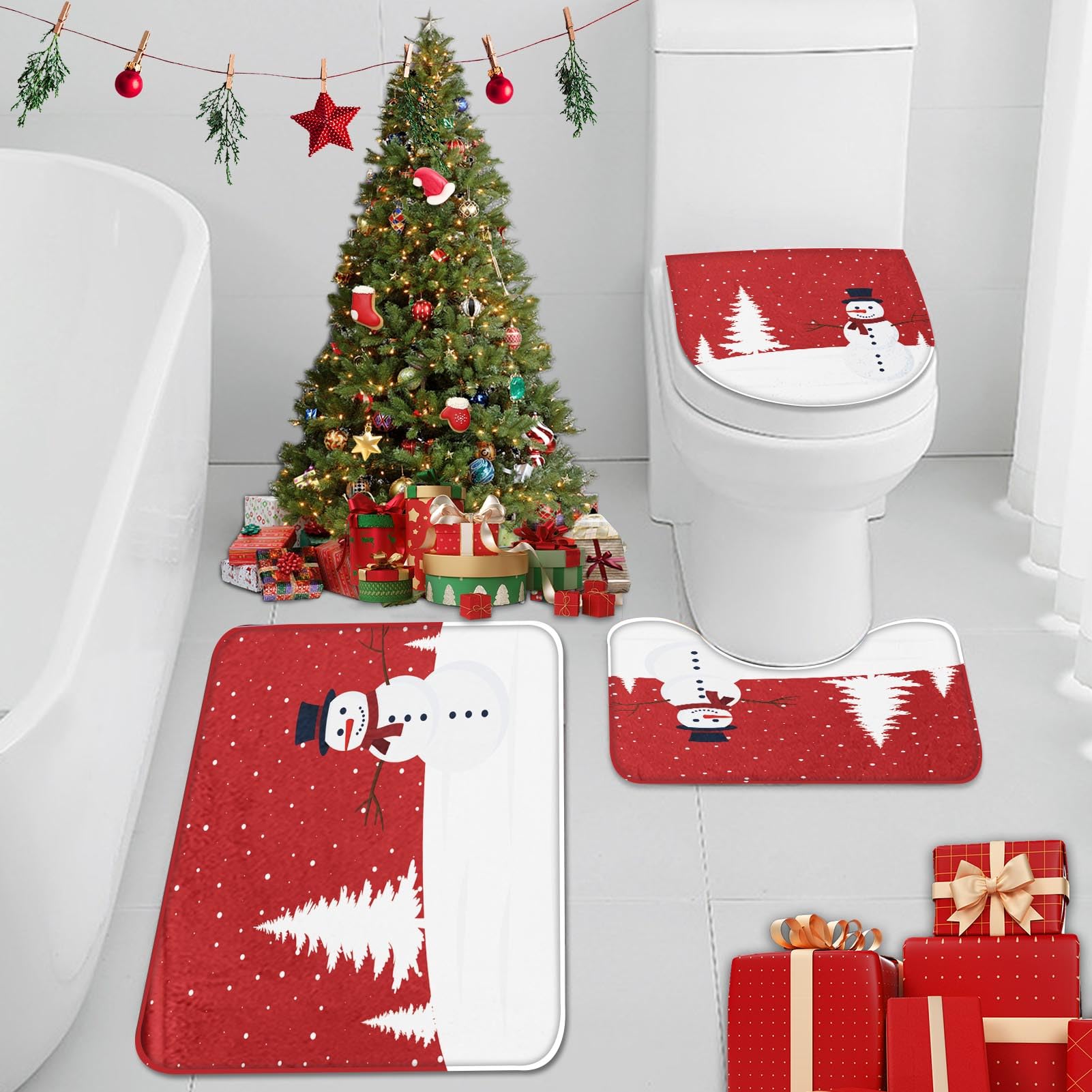 Arttown Christmas Bathroom Rug Set of 3, Snowman and Pine Tree 3 Pieces Bath Mats Set, Red No Silp Washable Cover Floor Rug Decorations for Kitchen